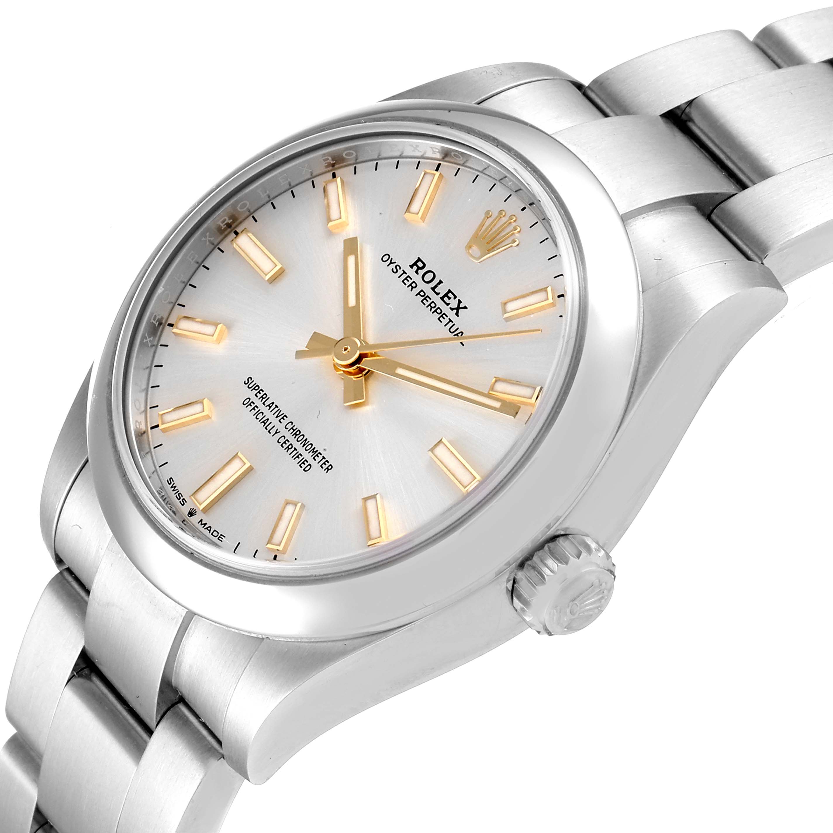 The image shows a side angle of a Mid-Size Rolex watch, highlighting its face, hands, crown, and bracelet.