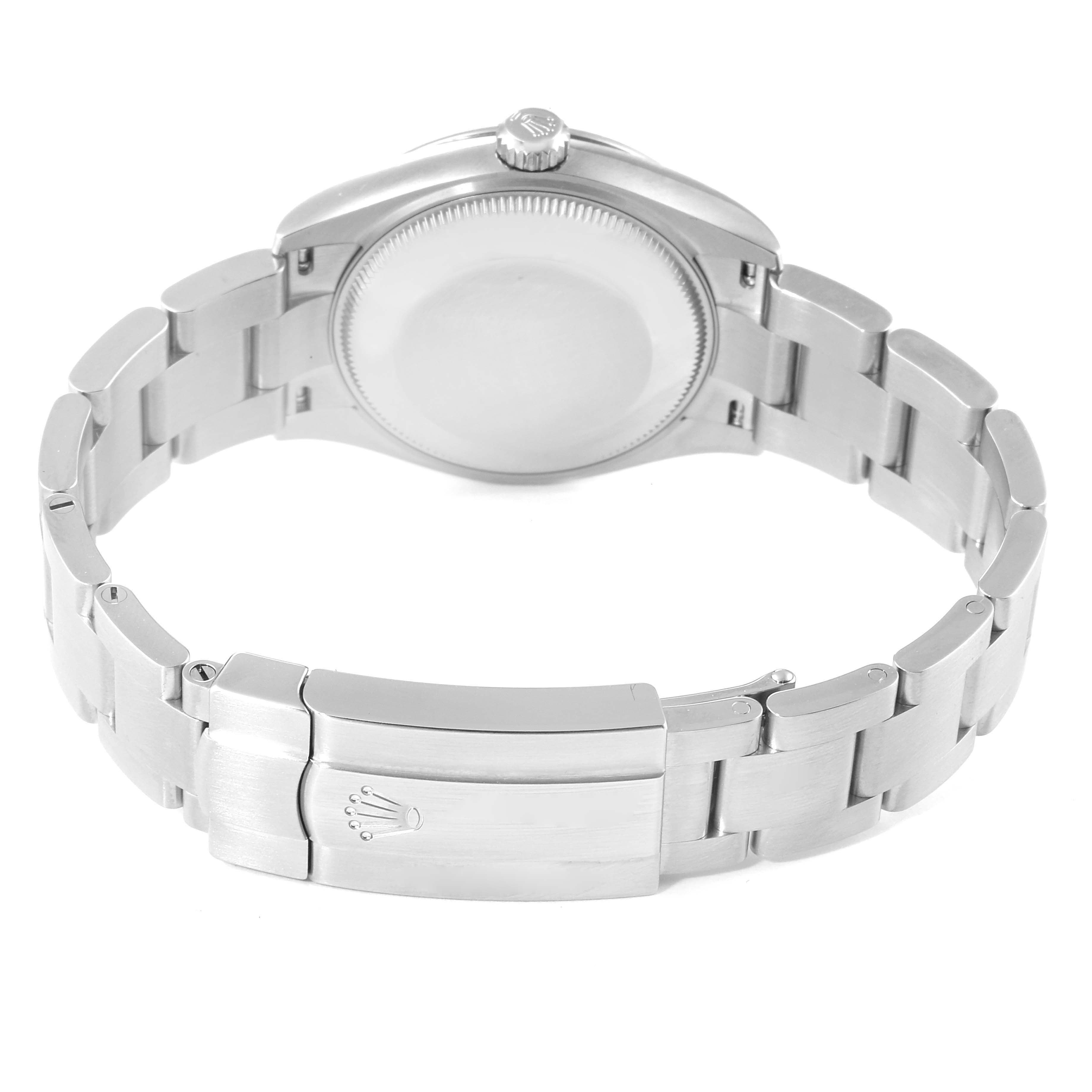 This image shows the back and bracelet of a Rolex Mid-Size 277200 Women's Stainless Steel Silver Dial 277200 Women's Stainless Steel Silver Dial model watch, highlighting the clasp and caseback.