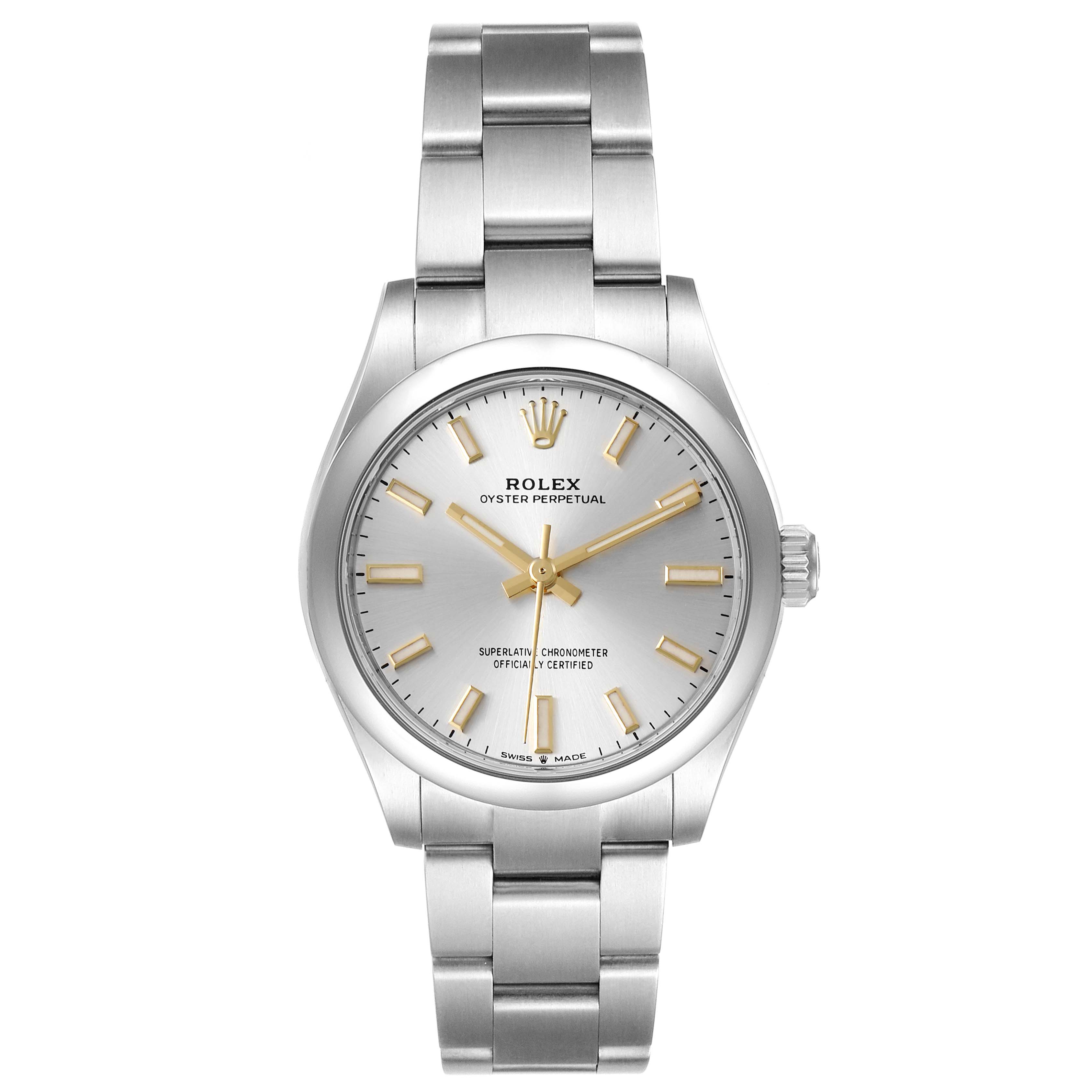 The image shows a front view of a Rolex Oyster Perpetual Mid-Size watch, including the dial, hands, case, and bracelet.