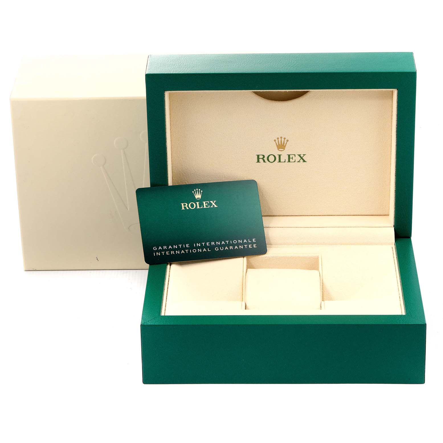 The image shows the open case and international guarantee card for a Mid-Size Rolex watch.