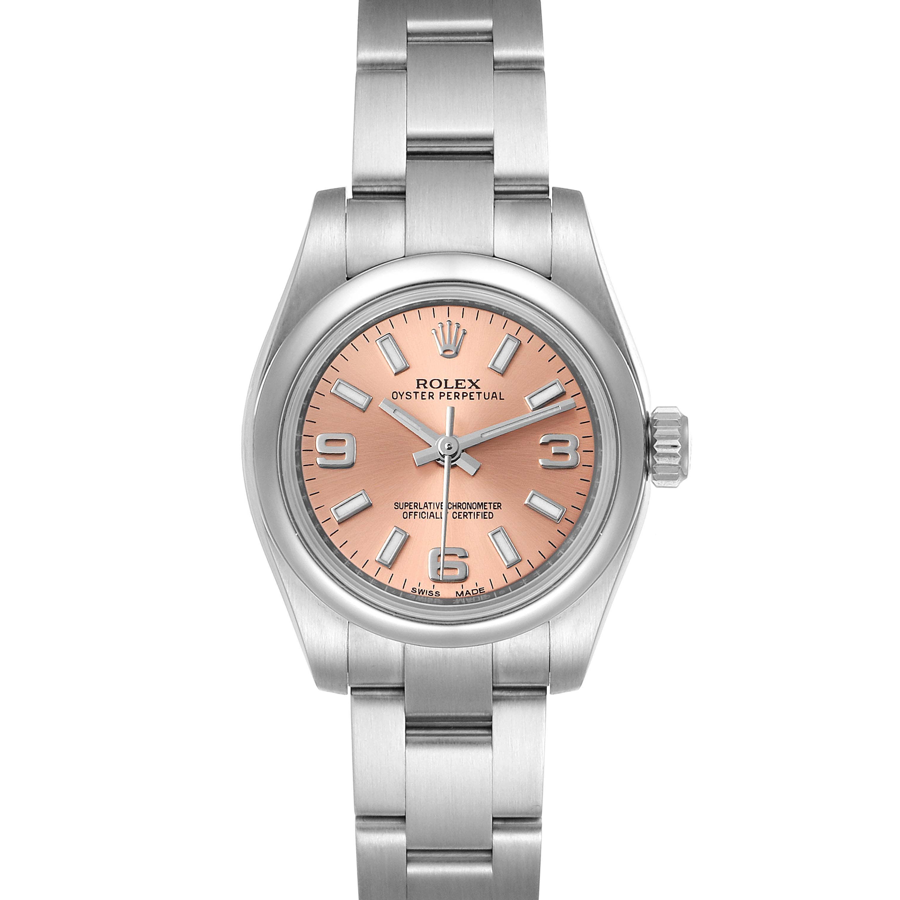 This image shows a full view of a Rolex Oyster Perpetual 176200 Women
s Stainless Steel Pink Dial 176200 Women
s Stainless Steel Pink Dial watch, featuring its face and bracelet.