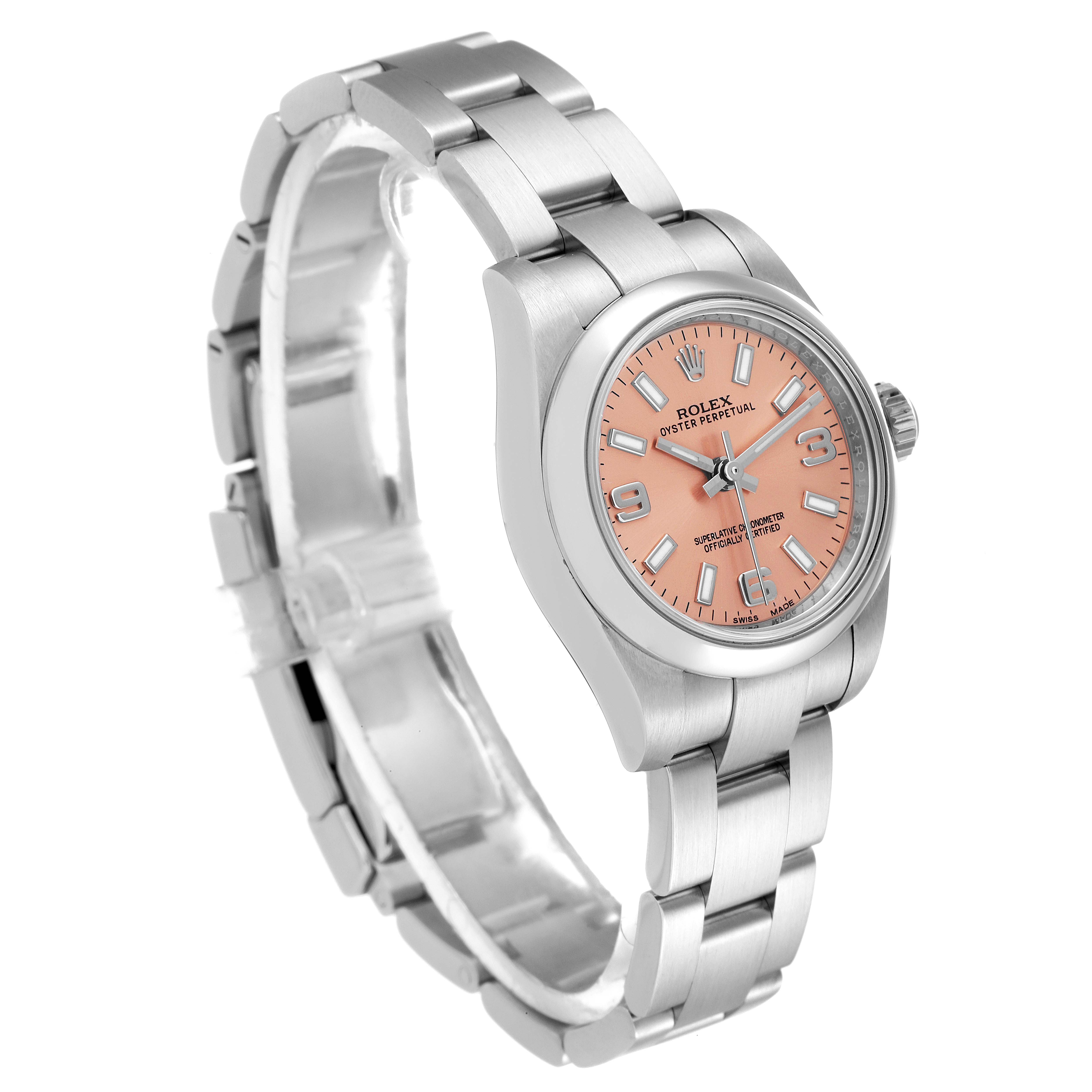 The Rolex Oyster Perpetual 176200 Women
s Stainless Steel Pink Dial 176200 Women
s Stainless Steel Pink Dial watch is displayed at a three-quarter angle, showing the face, bezel, and bracelet.