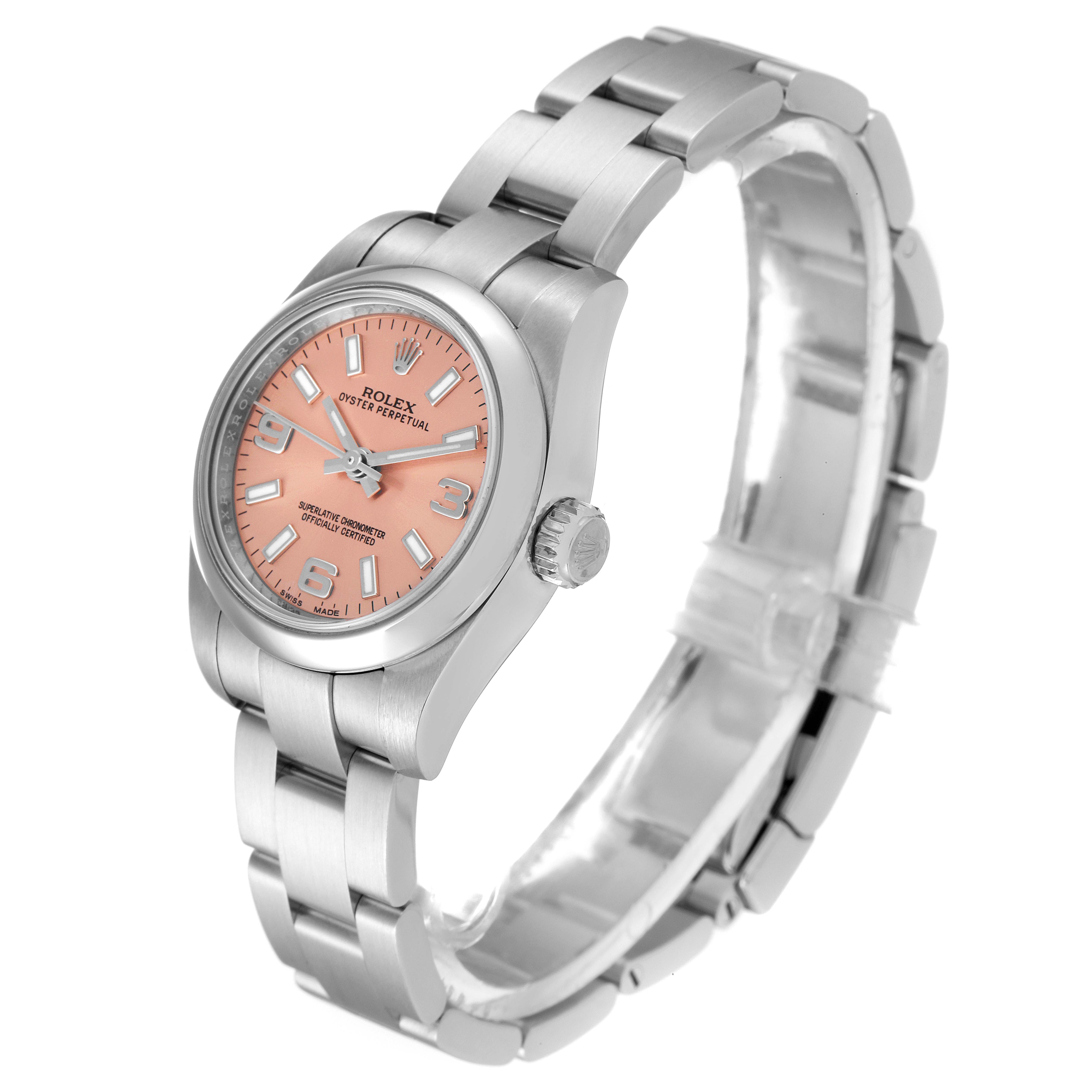 This image shows a Rolex Oyster Perpetual 176200 Women
s Stainless Steel Pink Dial 176200 Women
s Stainless Steel Pink Dial watch at a three-quarter angle, displaying the dial, crown, and bracelet.