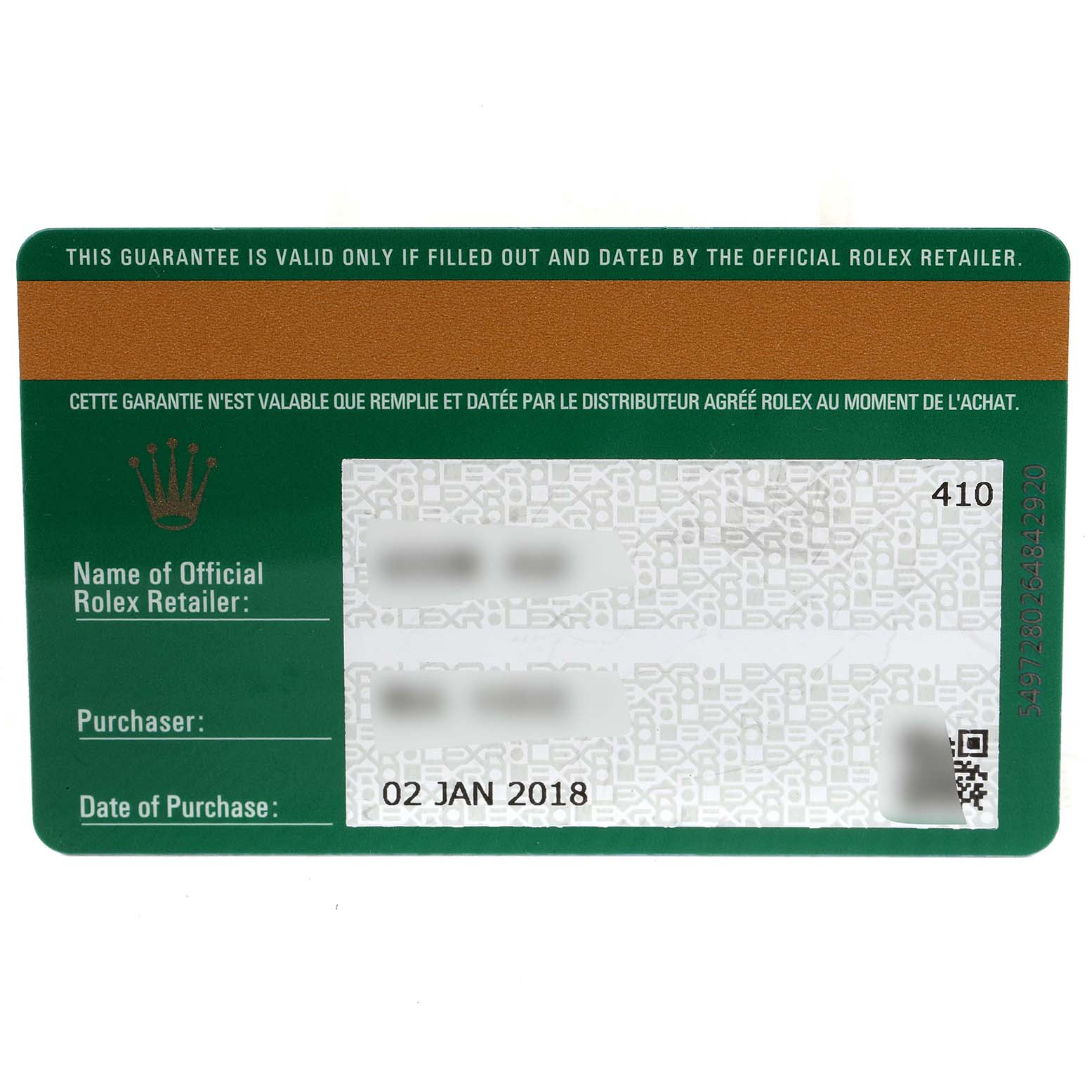 The image shows the guarantee card for the Rolex Oyster Perpetual 176200 Women
s Stainless Steel Pink Dial 176200 Women
s Stainless Steel Pink Dial watch, featuring retailer and purchase details.