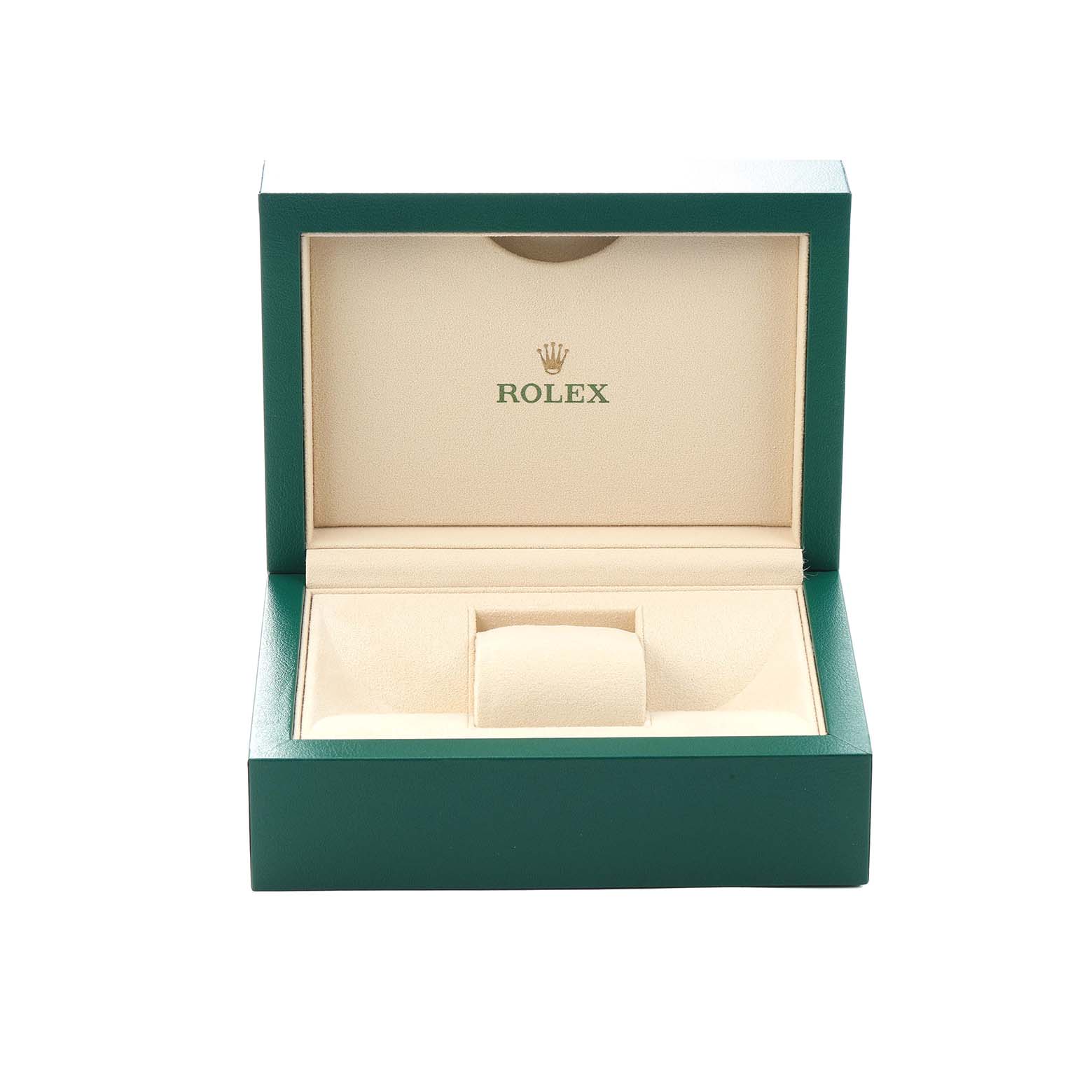 The image shows an open Rolex watch box for the Oyster Perpetual model, displaying the interior from the front.