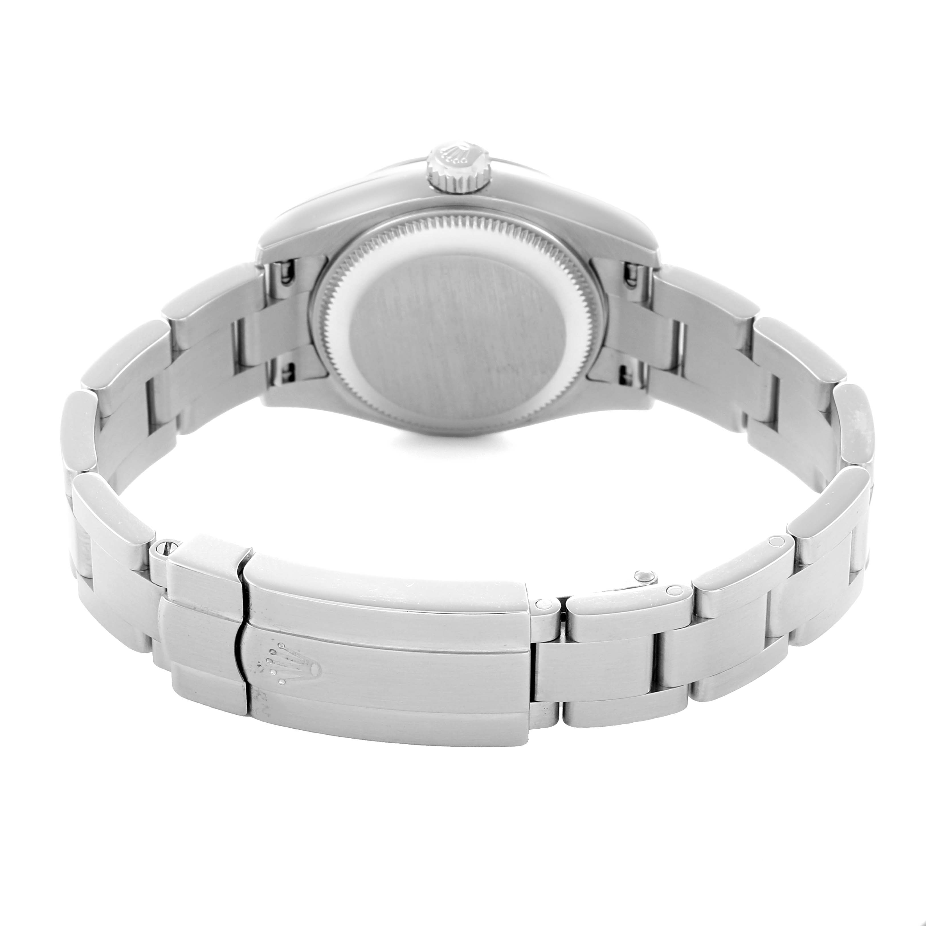 The image shows the Rolex Oyster Perpetual 176200 Women
s Stainless Steel Silver Dial watch from the back, highlighting the case back, bracelet, and clasp.