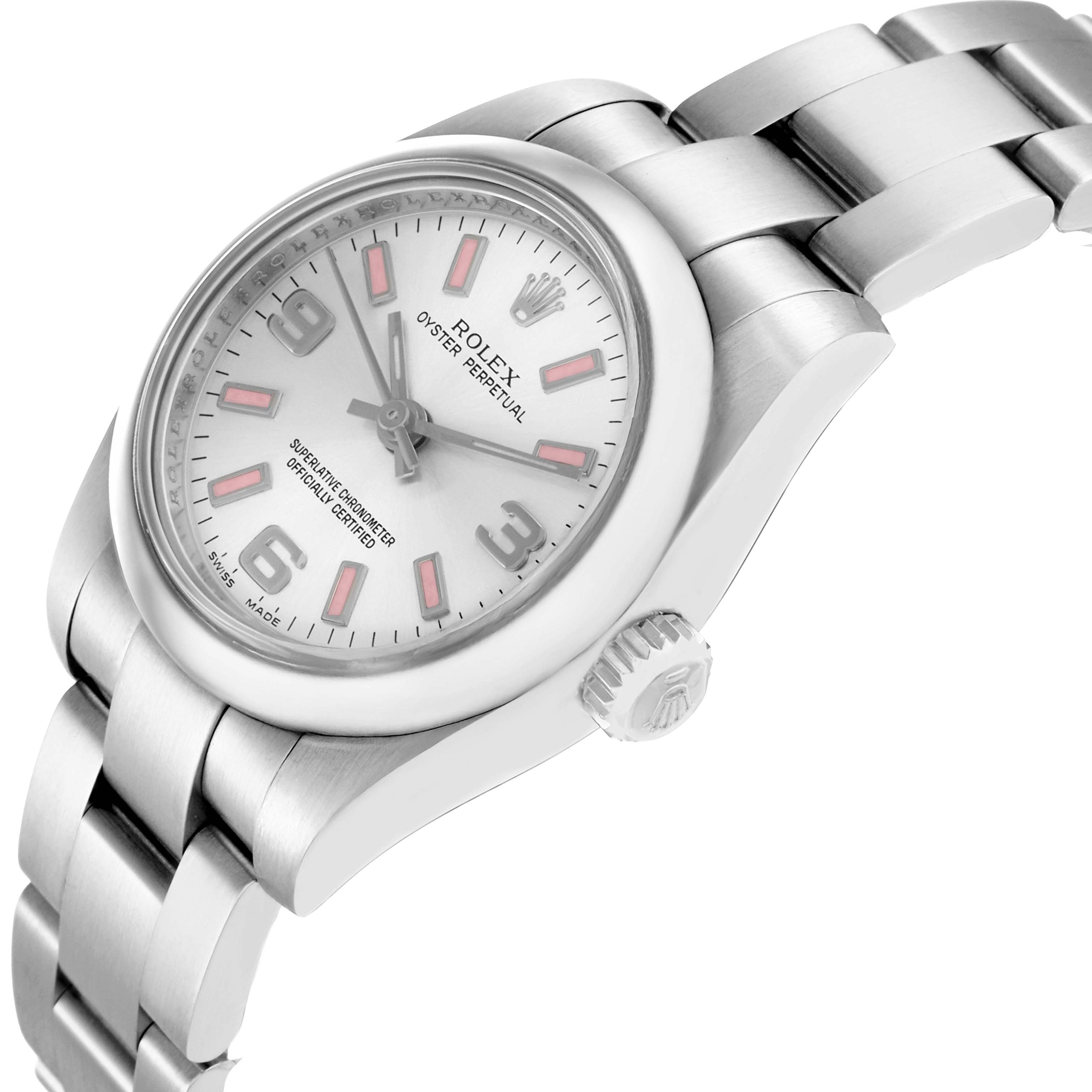 The Rolex Oyster Perpetual 176200 Women
s Stainless Steel Silver Dial watch is shown at a three-quarter angle highlighting the face, case, crown, and bracelet.