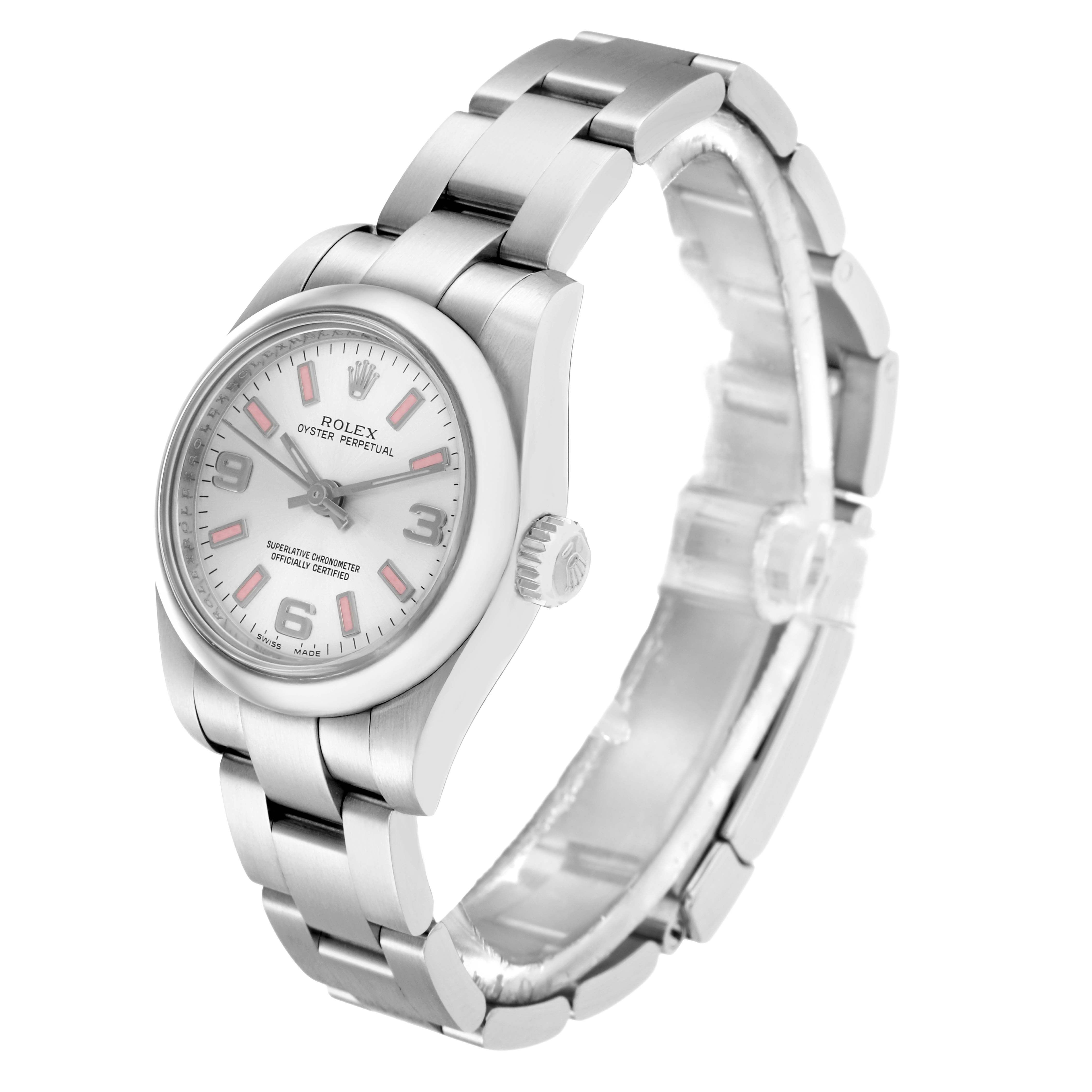 The Rolex Oyster Perpetual 176200 Women
s Stainless Steel Silver Dial watch is shown at a three-quarter angle, highlighting the dial, bezel, crown, and bracelet.