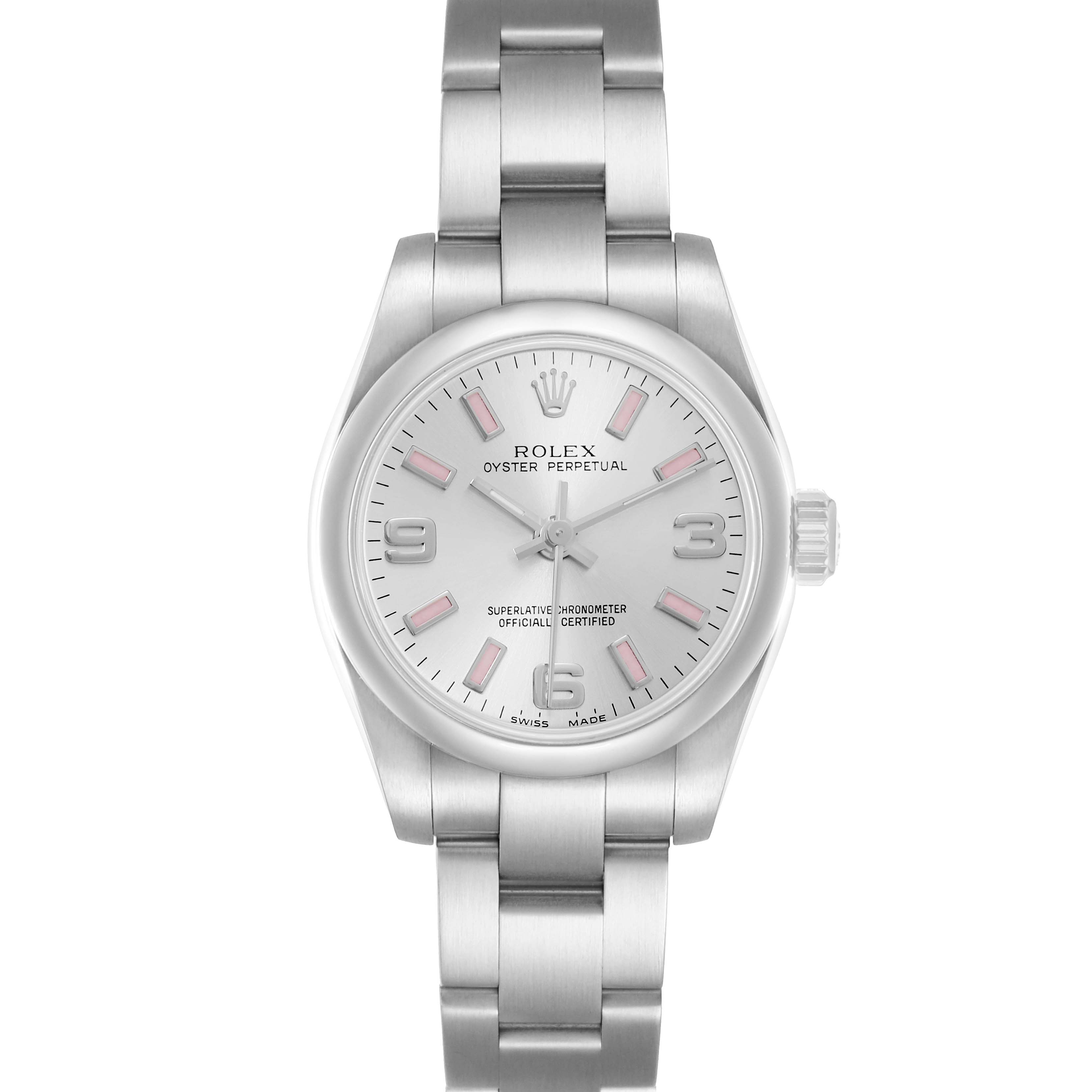 The Rolex Oyster Perpetual 176200 Women
s Stainless Steel Silver Dial watch is shown from a top-down angle, featuring its case, bezel, dial, and bracelet.