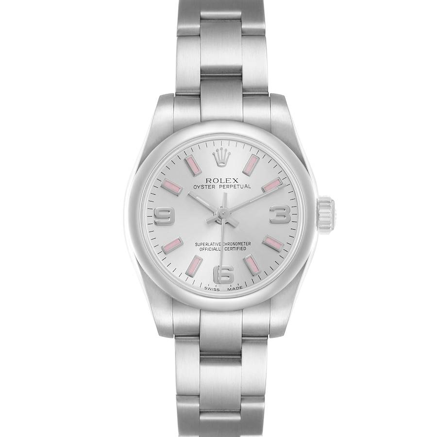 The Rolex Oyster Perpetual 176200 Women's Stainless Steel Silver Dial watch is shown from a top-down angle, featuring its case, bezel, dial, and bracelet.