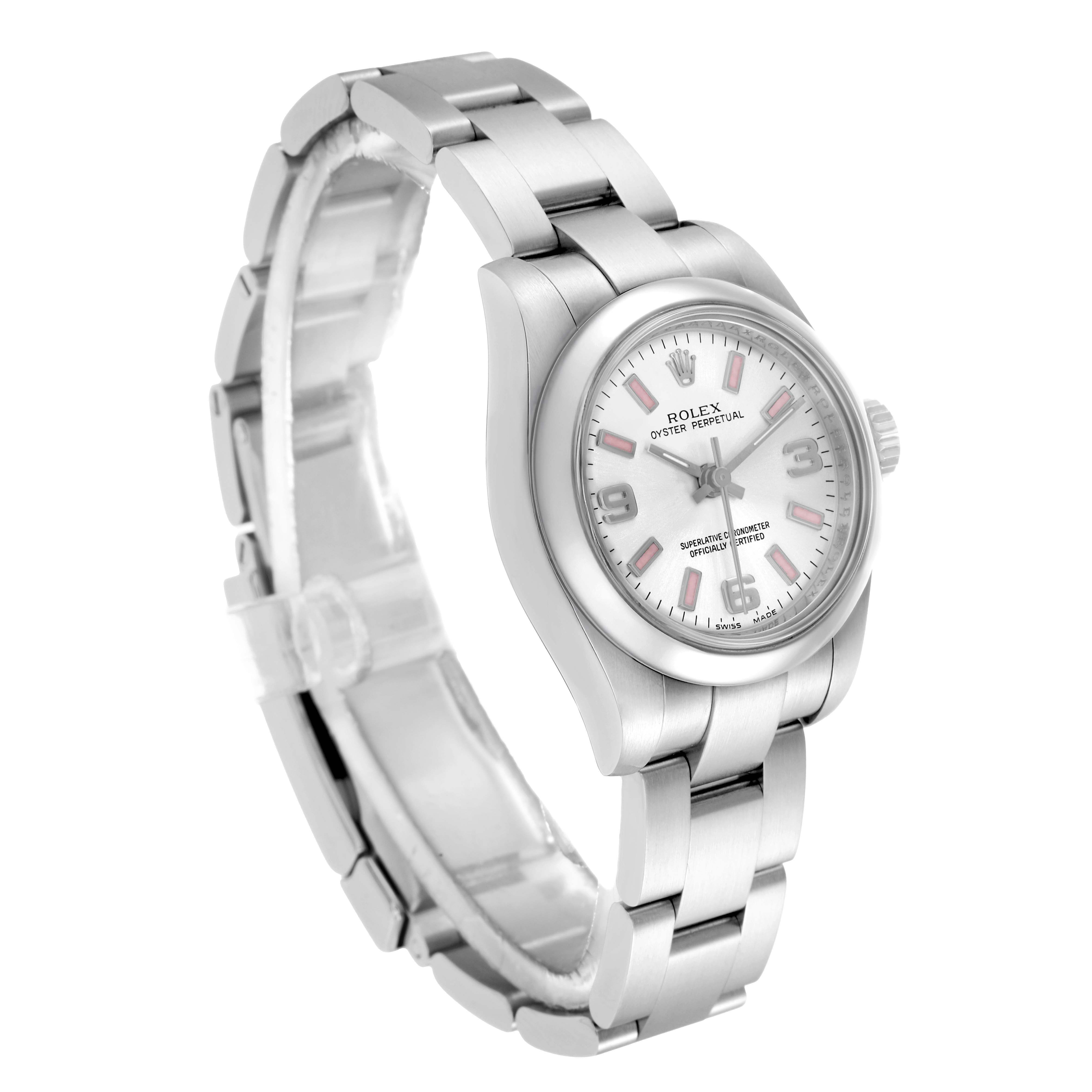 The Rolex Oyster Perpetual 176200 Women
s Stainless Steel Silver Dial watch is shown at a three-quarter angle, displaying the face, bezel, crown, and bracelet.