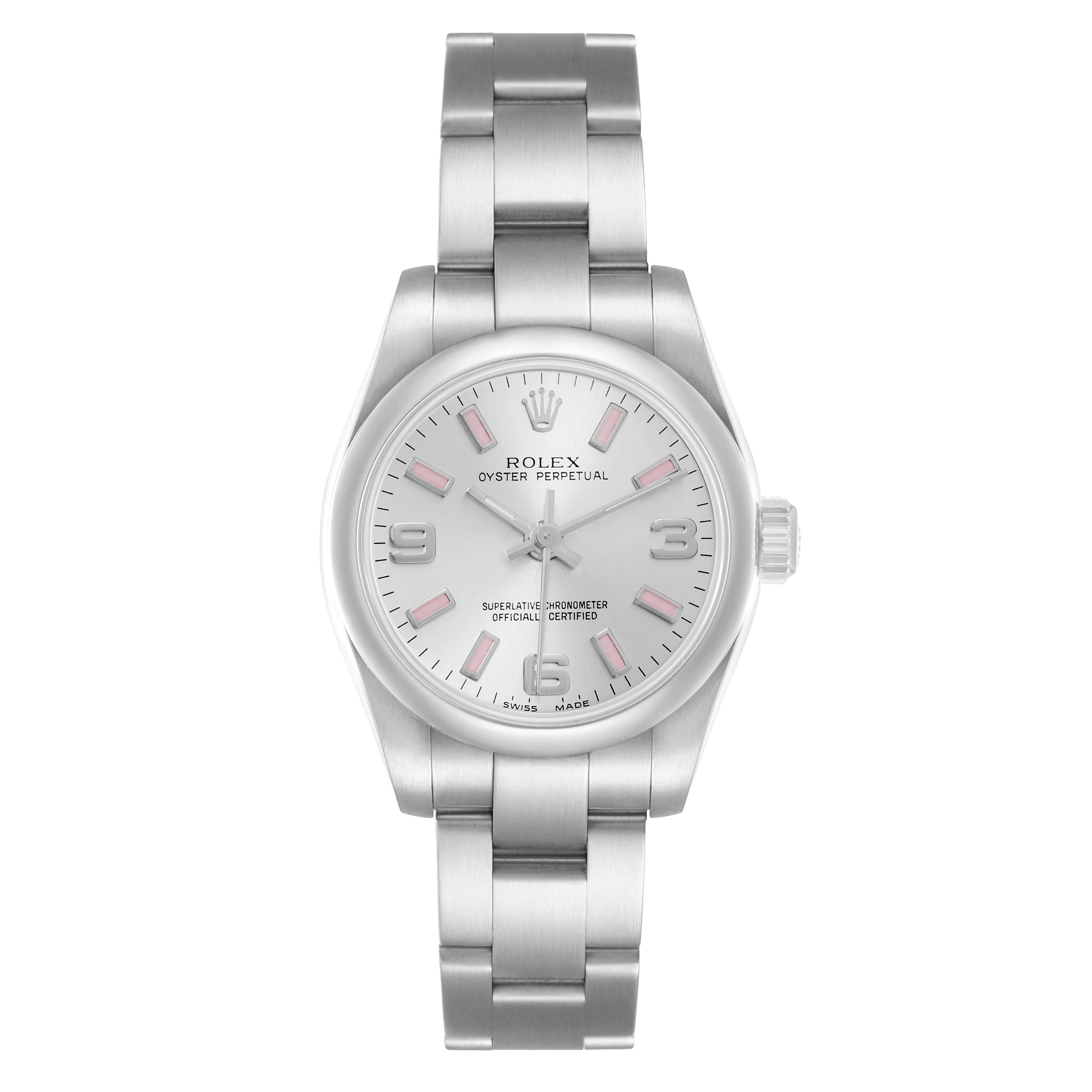 The Rolex Oyster Perpetual 176200 Women
s Stainless Steel Silver Dial watch is shown from a front view, displaying the dial, bracelet, and crown.