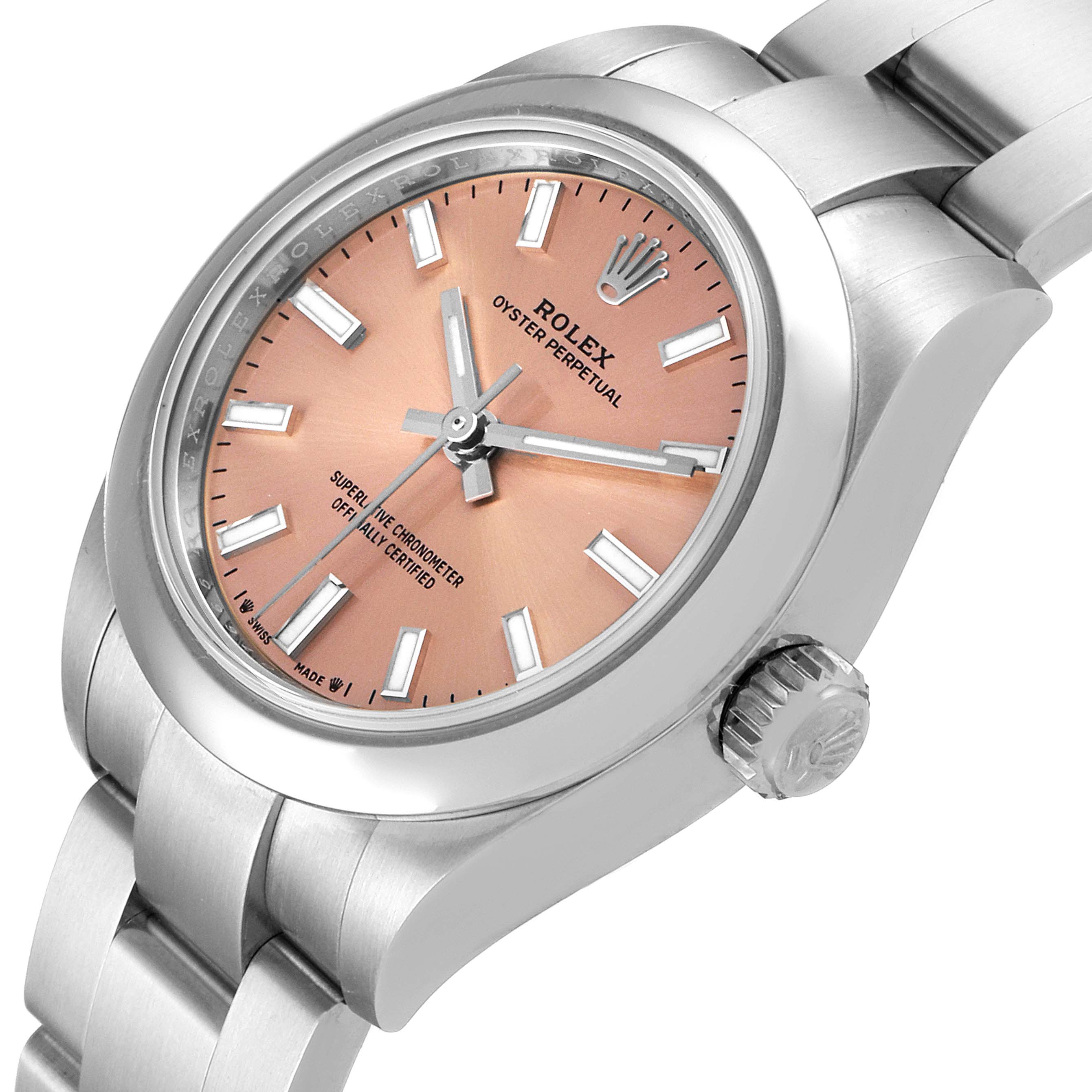 The image shows a side angle of a Rolex Oyster Perpetual 276200 Women
s Stainless Steel Pink Dial 276200 Women
s Stainless Steel Pink Dial watch, highlighting the dial, bezel, crown, and part of the bracelet.