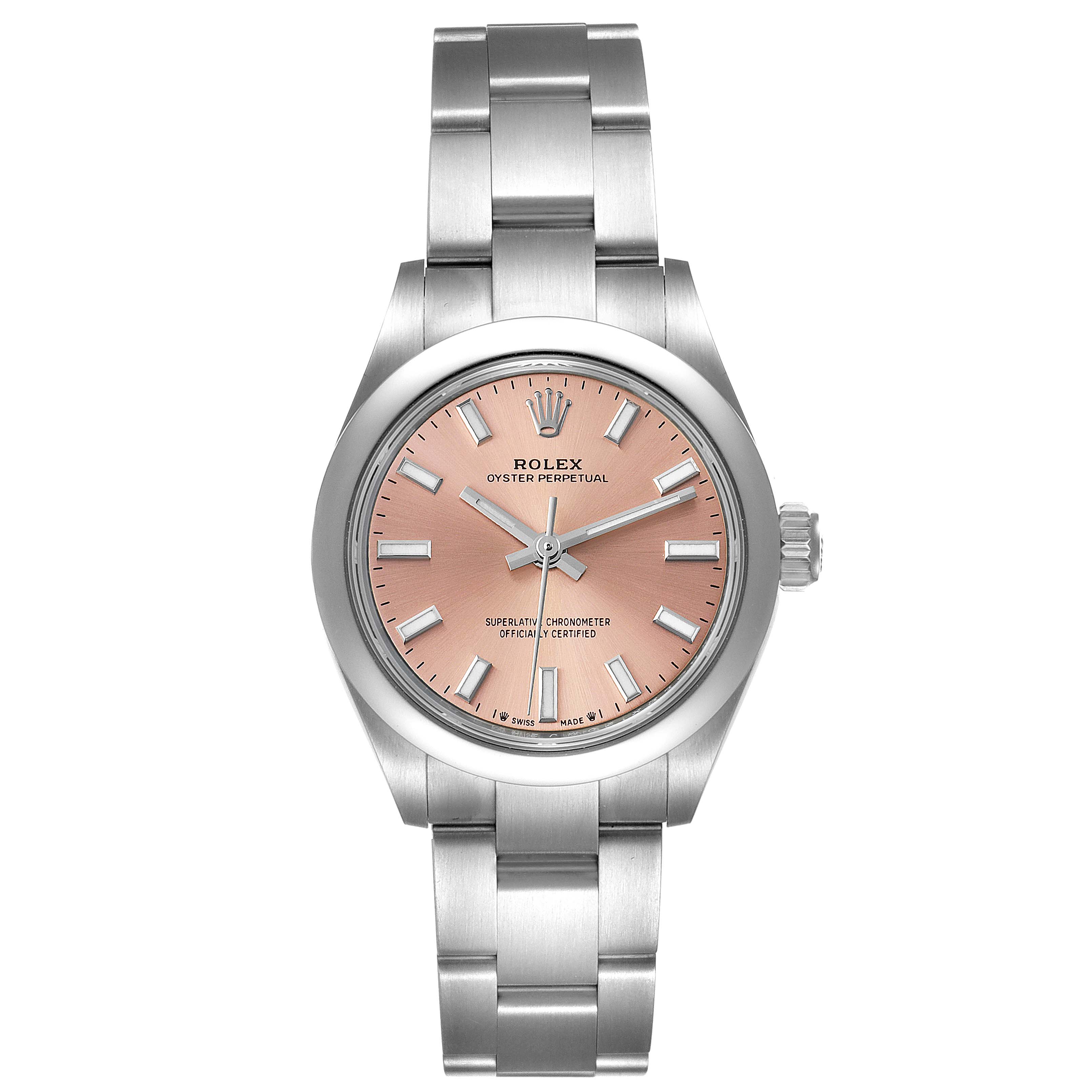 The image shows the Rolex Oyster Perpetual 276200 Women
s Stainless Steel Pink Dial 276200 Women
s Stainless Steel Pink Dial watch from a top-down angle, highlighting the dial, case, bracelet, and crown.