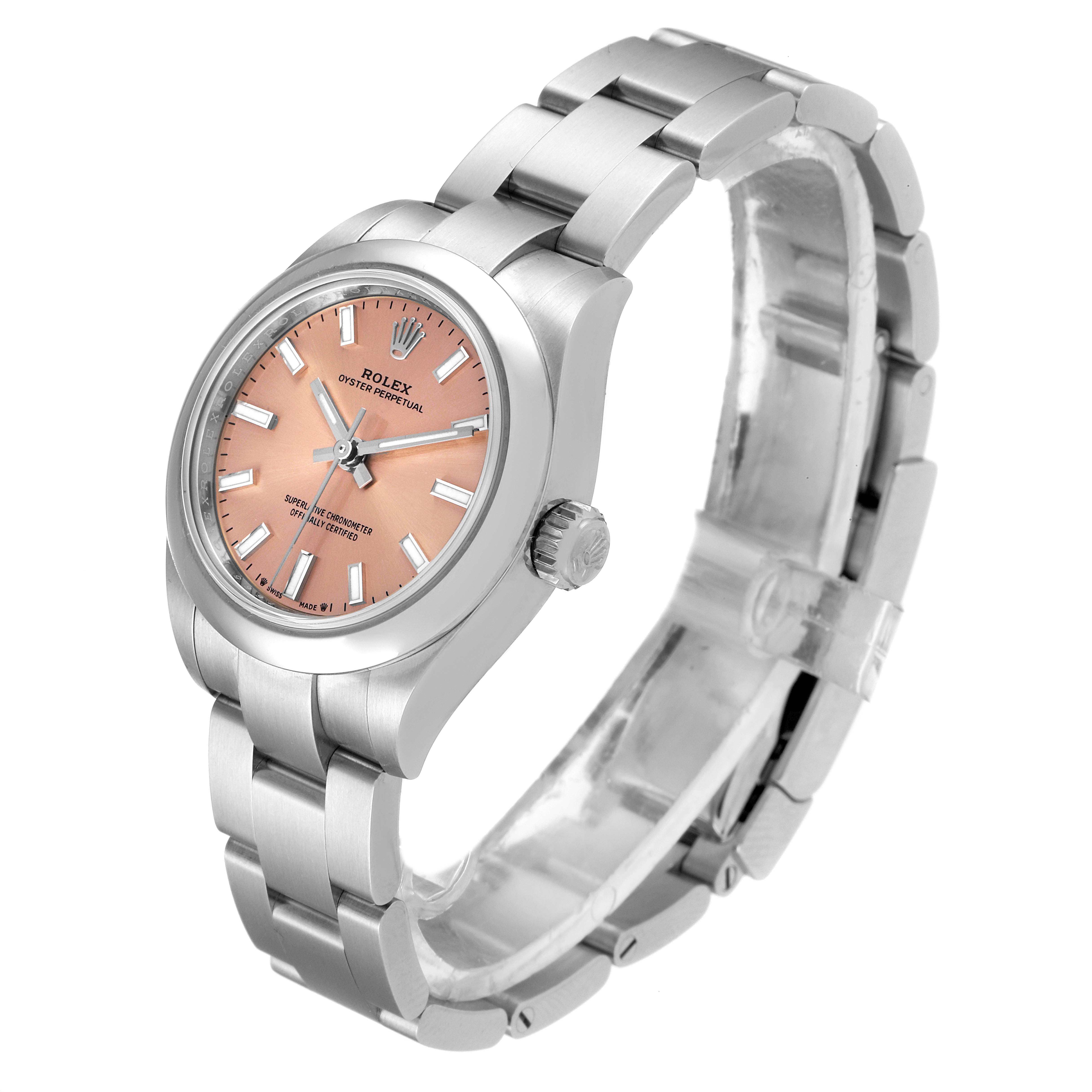The image shows a Rolex Oyster Perpetual 276200 Women
s Stainless Steel Pink Dial 276200 Women
s Stainless Steel Pink Dial watch angled to display its face, crown, and stainless steel bracelet.