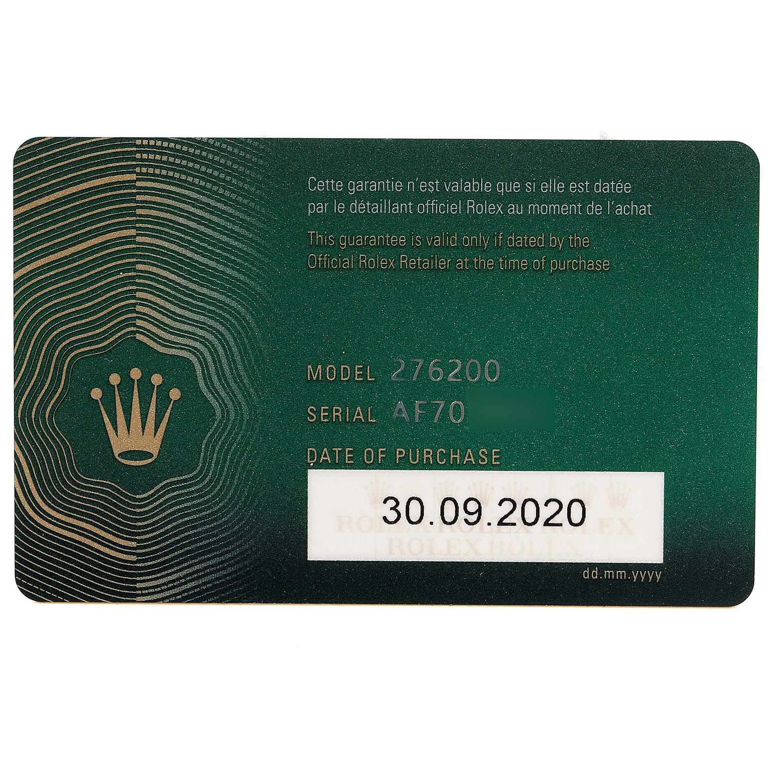 This image shows the warranty card for a Rolex Oyster Perpetual 276200 Women
s Stainless Steel Pink Dial 276200 Women
s Stainless Steel Pink Dial model 276200 with the purchase date of 30.09.2020.