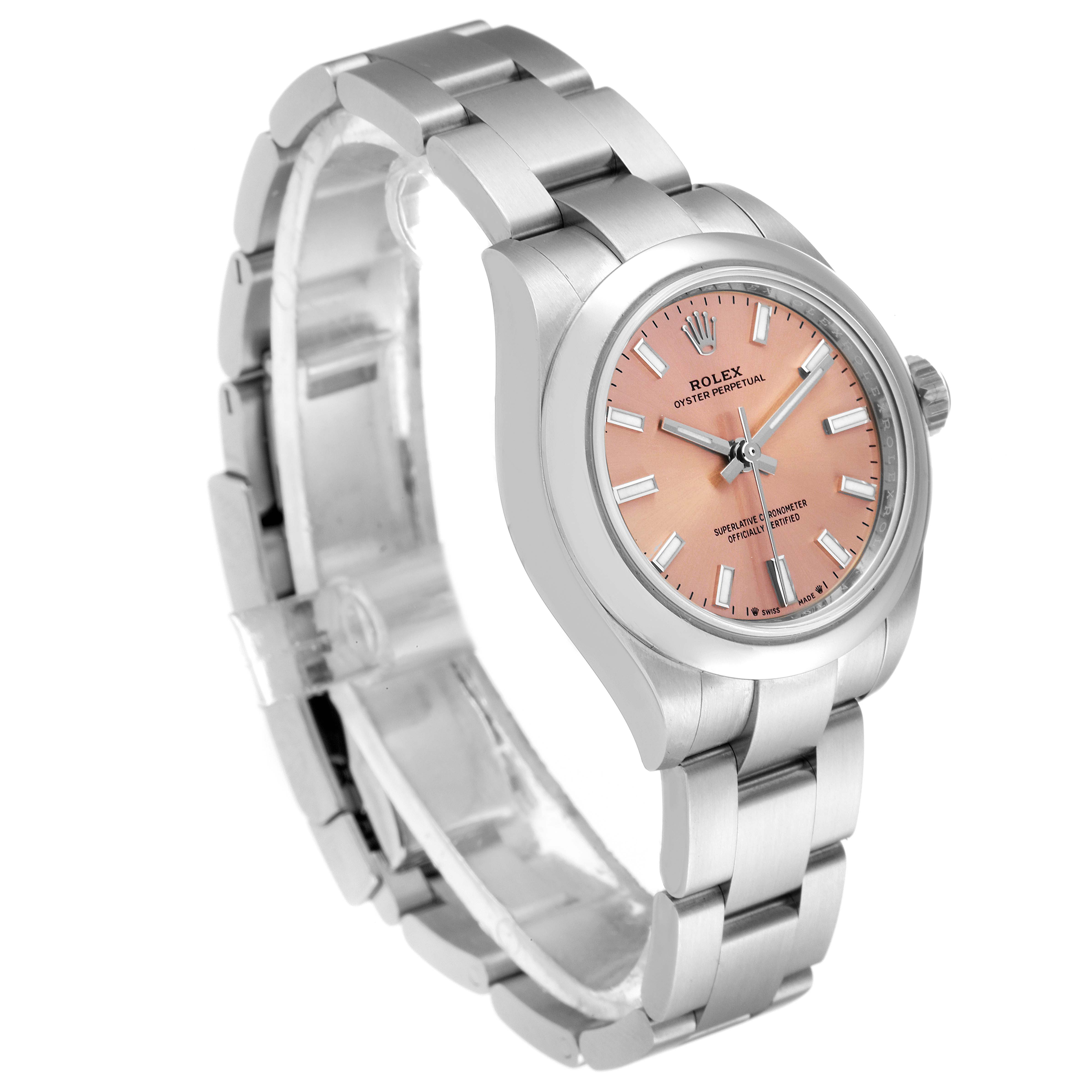 The Rolex Oyster Perpetual 276200 Women
s Stainless Steel Pink Dial 276200 Women
s Stainless Steel Pink Dial watch is shown from a slightly angled perspective, highlighting its bracelet and pink dial.