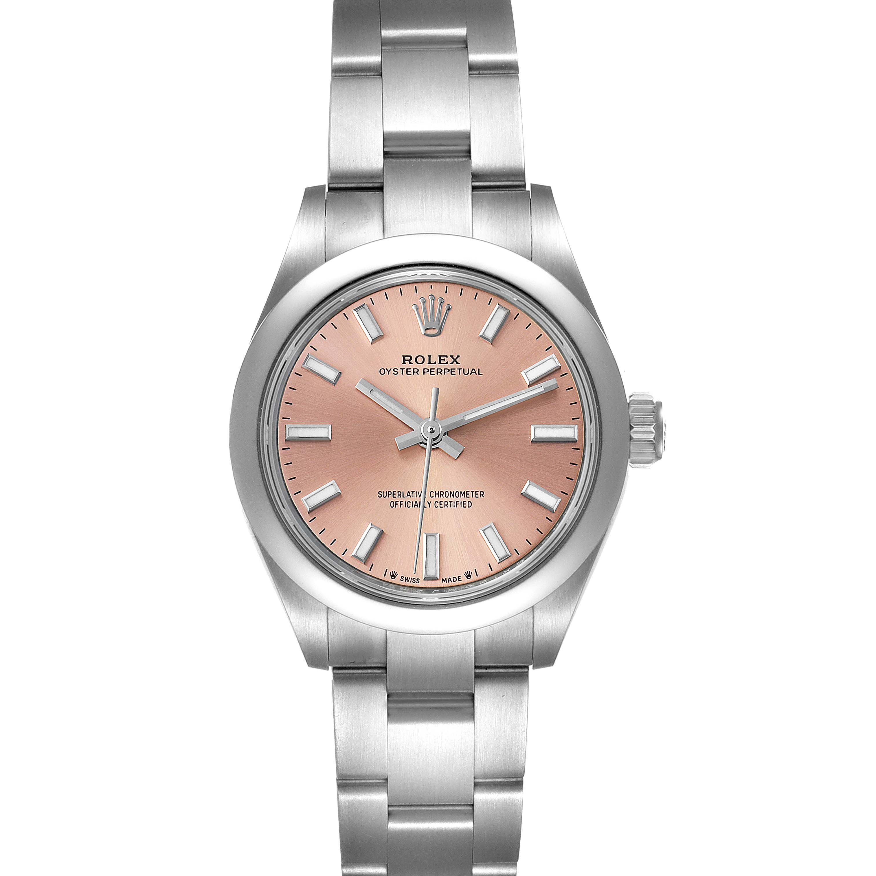 The image shows a front view of the Rolex Oyster Perpetual 276200 Women
s Stainless Steel Pink Dial 276200 Women
s Stainless Steel Pink Dial watch with a pink dial and silver metal bracelet.
