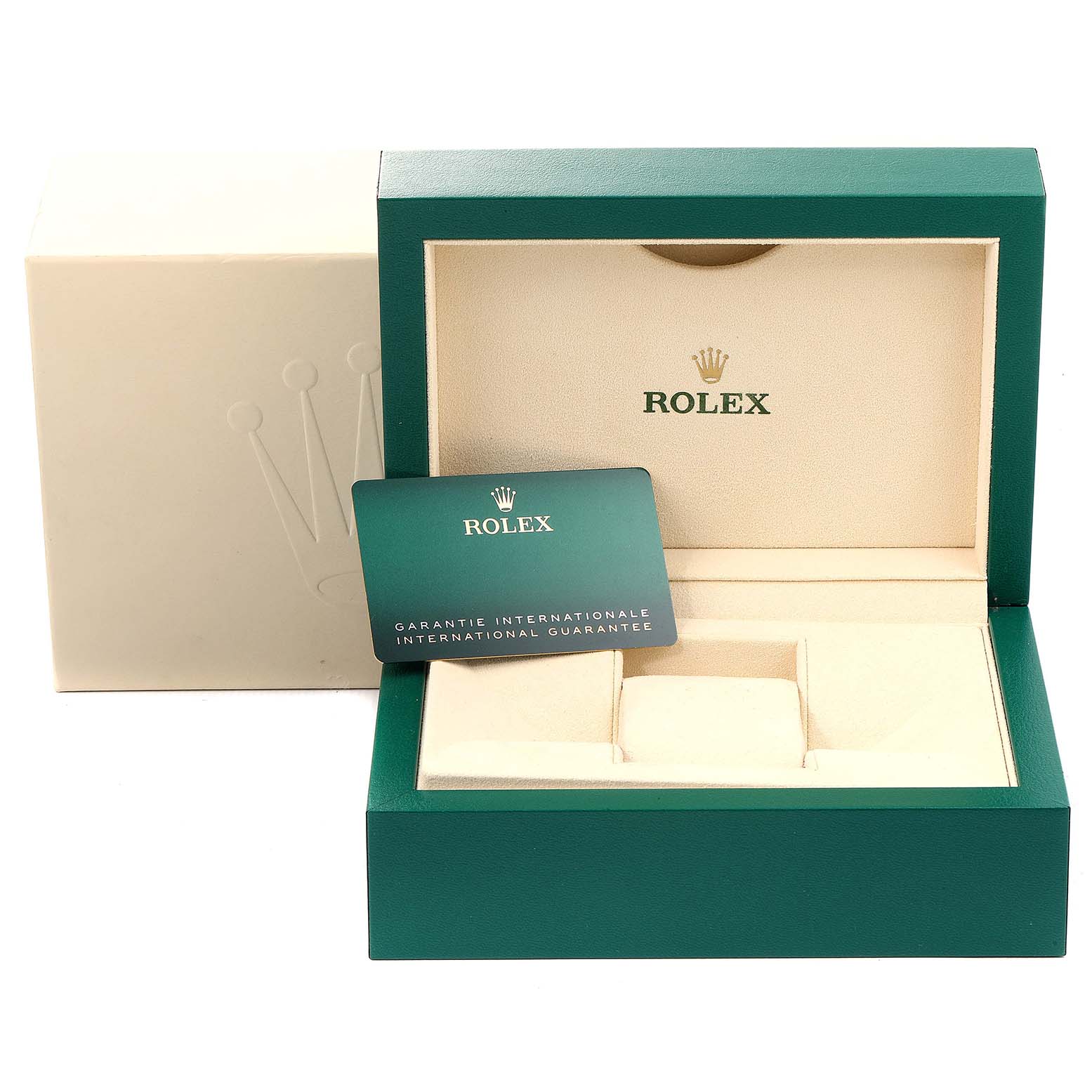 The image shows a Rolex Oyster Perpetual 276200 Women
s Stainless Steel Pink Dial 276200 Women
s Stainless Steel Pink Dial watch box and an international guarantee card at a front angle.