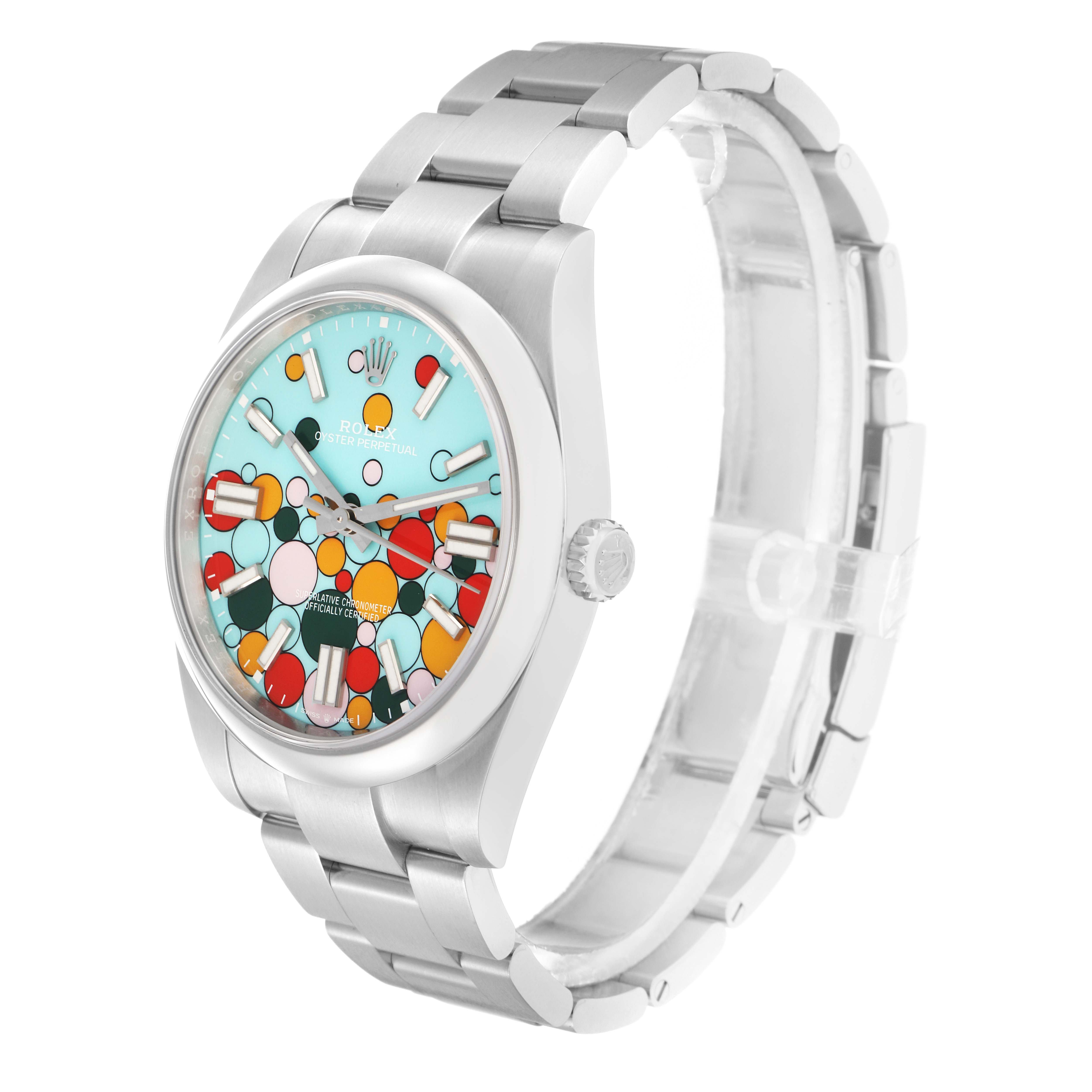 The Rolex Oyster Perpetual 124300 Men
s Stainless Steel Blue Dial watch is shown at a three-quarter angle, displaying the bracelet, case, and colorful dial.