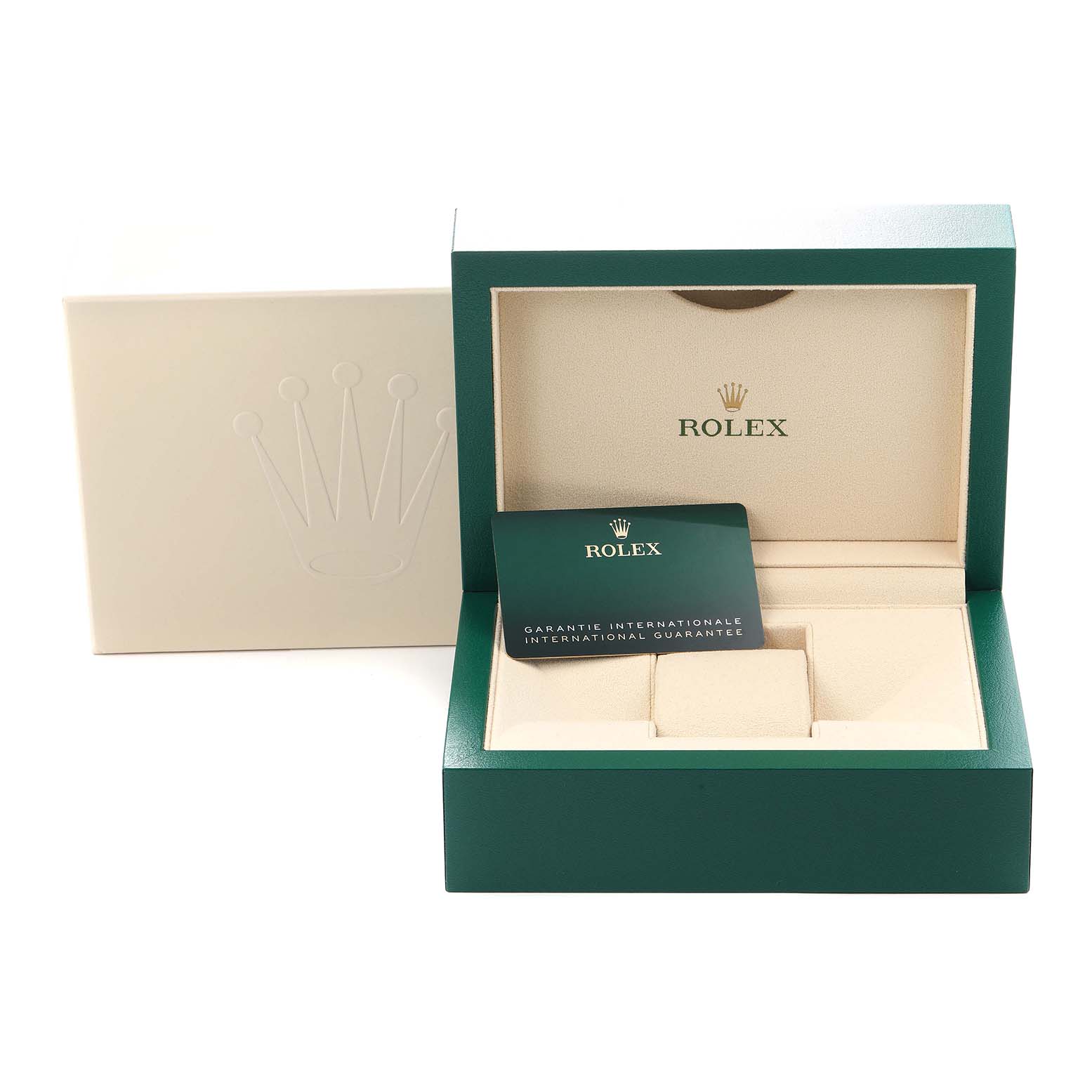 The image shows the open box and guarantee card for a Rolex Oyster Perpetual 124300 Men
s Stainless Steel Blue Dial watch.