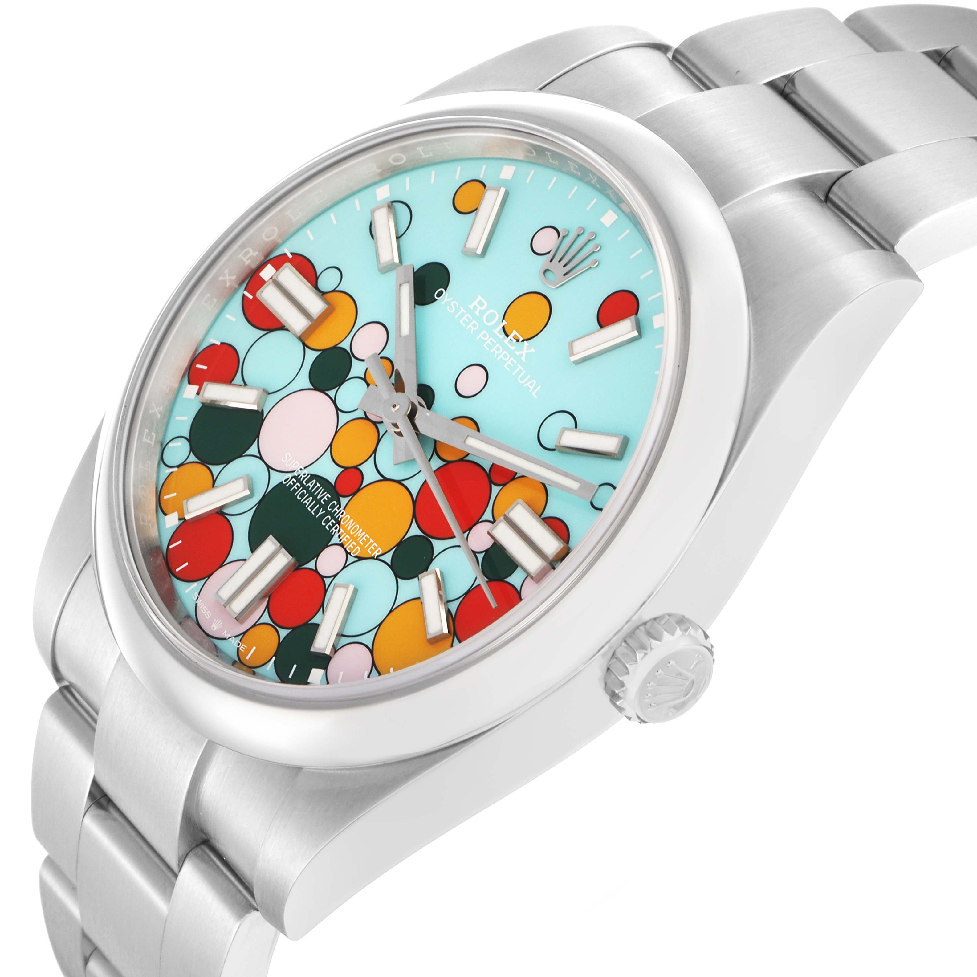 The Rolex Oyster Perpetual 124300 Men
s Stainless Steel Blue Dial watch is shown at an oblique angle, highlighting the colorful dial, bezel, case, and bracelet.