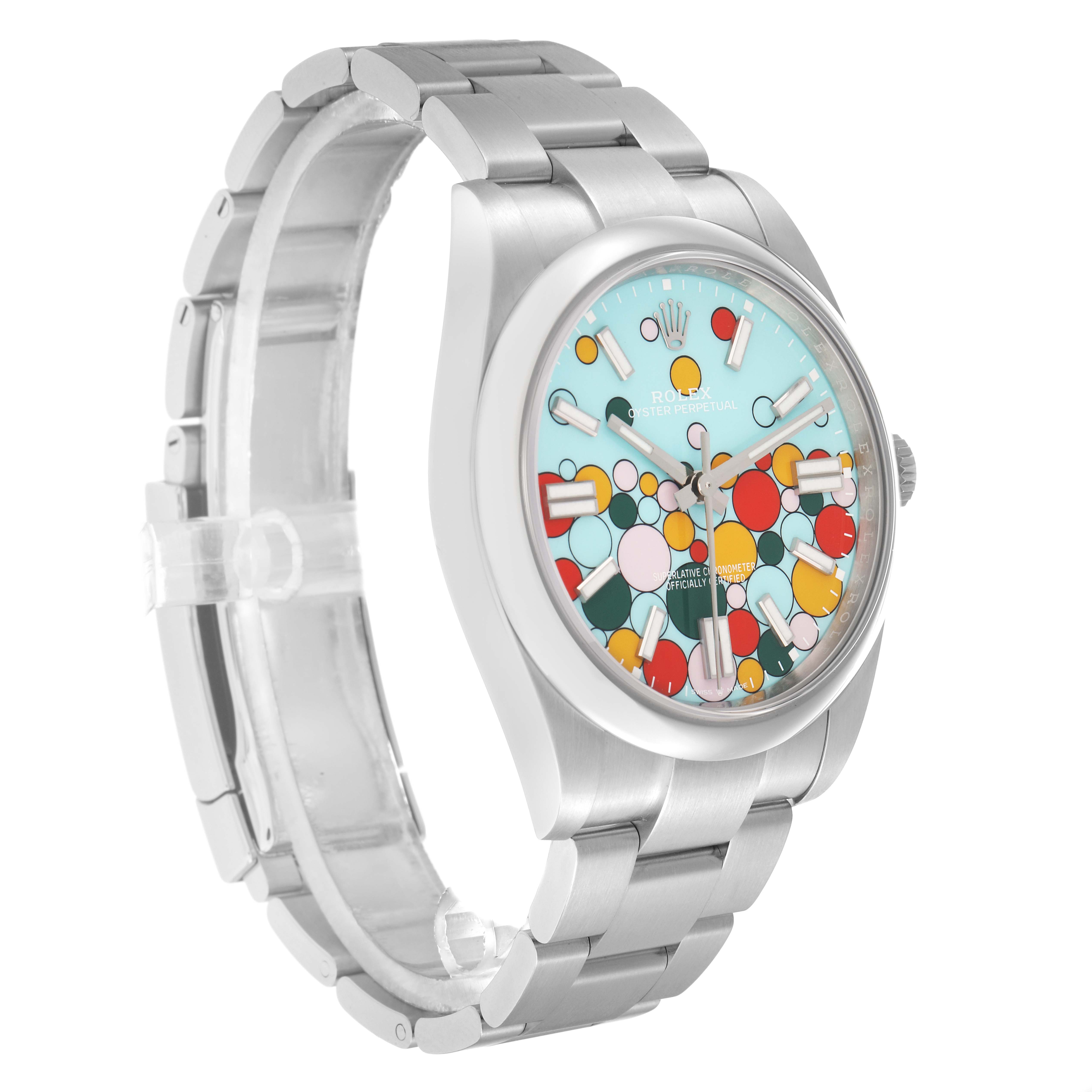 The Rolex Oyster Perpetual 124300 Men
s Stainless Steel Blue Dial watch is shown at a three-quarter angle, displaying the colorful dial, case, and bracelet.