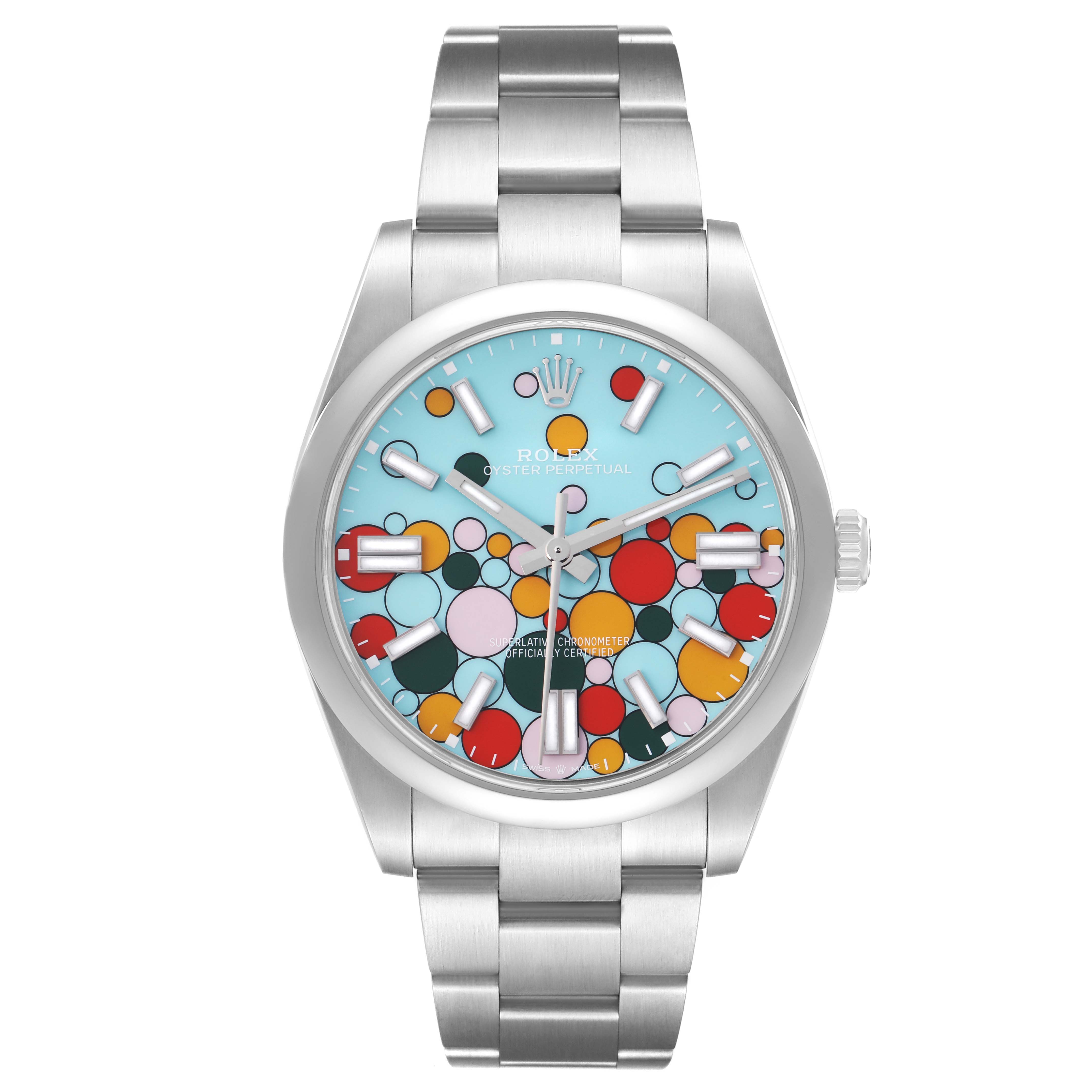 The Rolex Oyster Perpetual 124300 Men
s Stainless Steel Blue Dial watch is shown from the front, featuring the bezel, dial, hands, and bracelet.