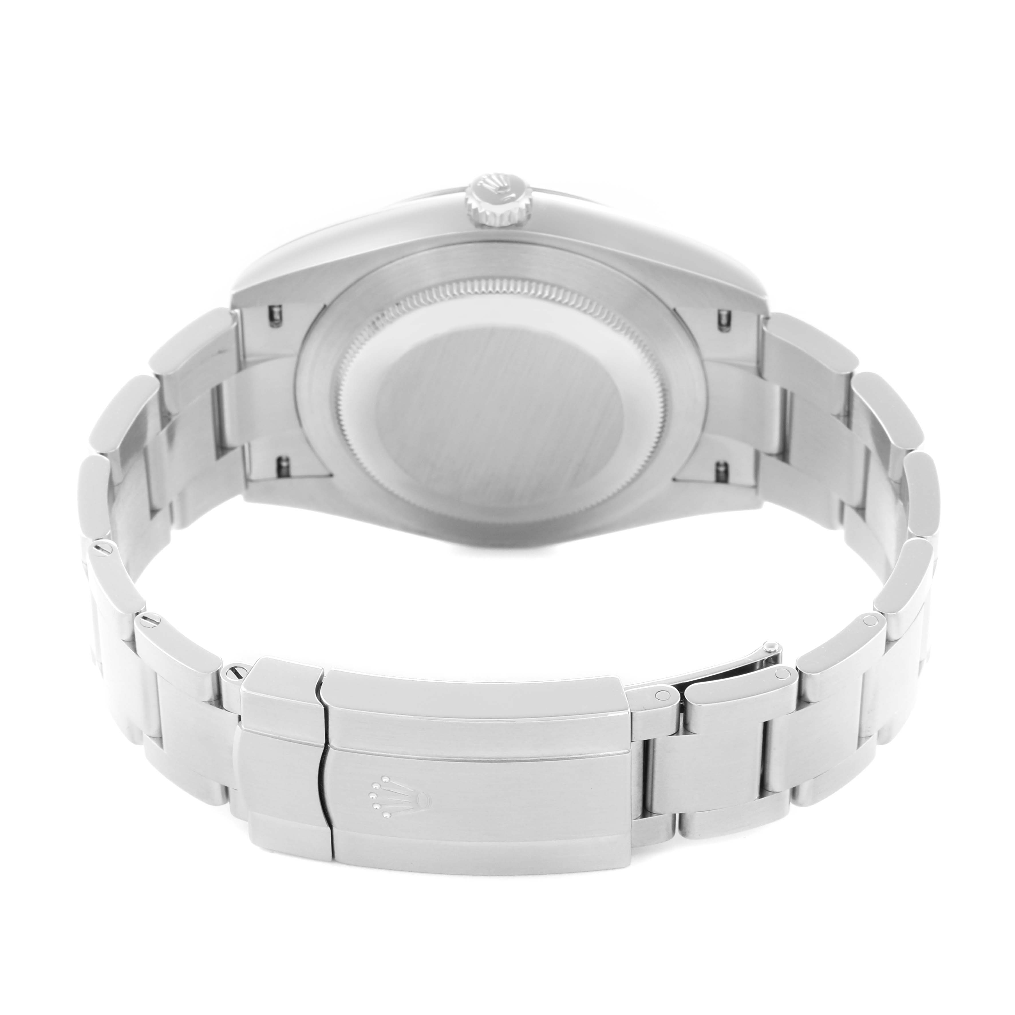 The image shows the back view of a Rolex Oyster Perpetual 124300 Men
s Stainless Steel Blue Dial watch, highlighting the case back and bracelet clasp with the Rolex logo.