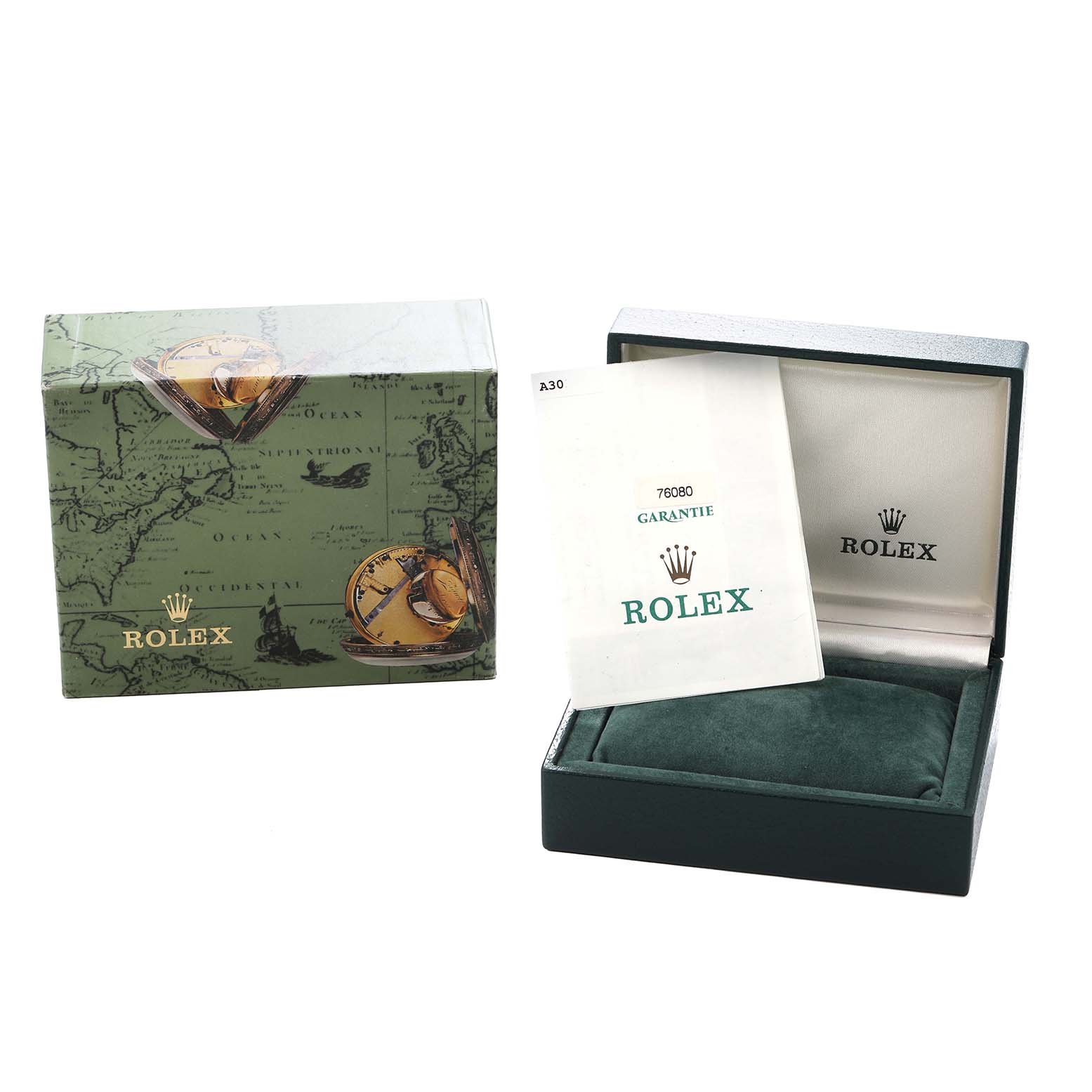 The image shows a Rolex Oyster Perpetual 76080 Women
s Stainless Steel Black Dial box with its lid open, warranty booklet, and an outer decorative box.