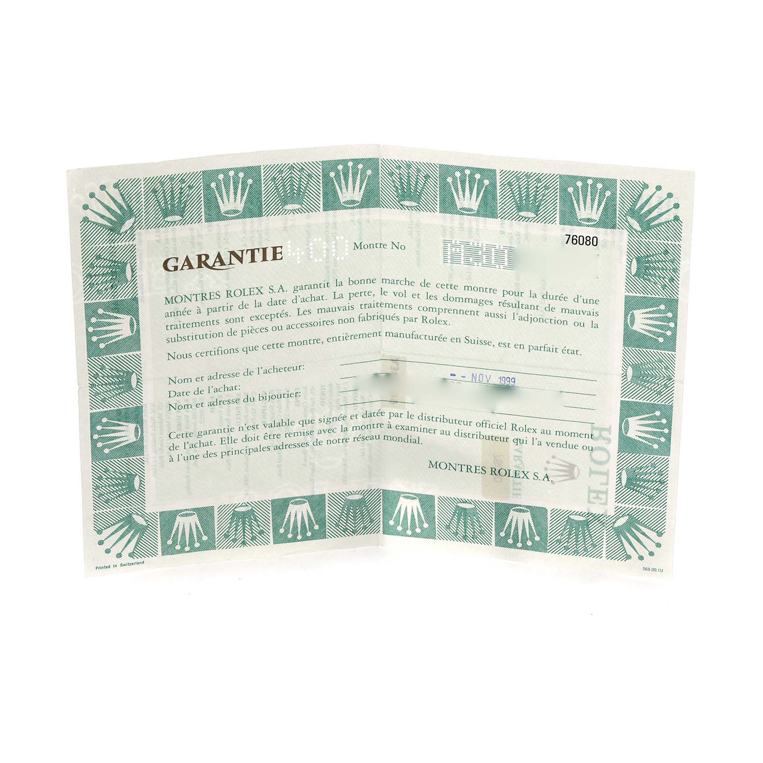 The image shows a warranty card for the Rolex Oyster Perpetual 76080 Women
s Stainless Steel Black Dial, viewed flat and open, highlighting details and logos.