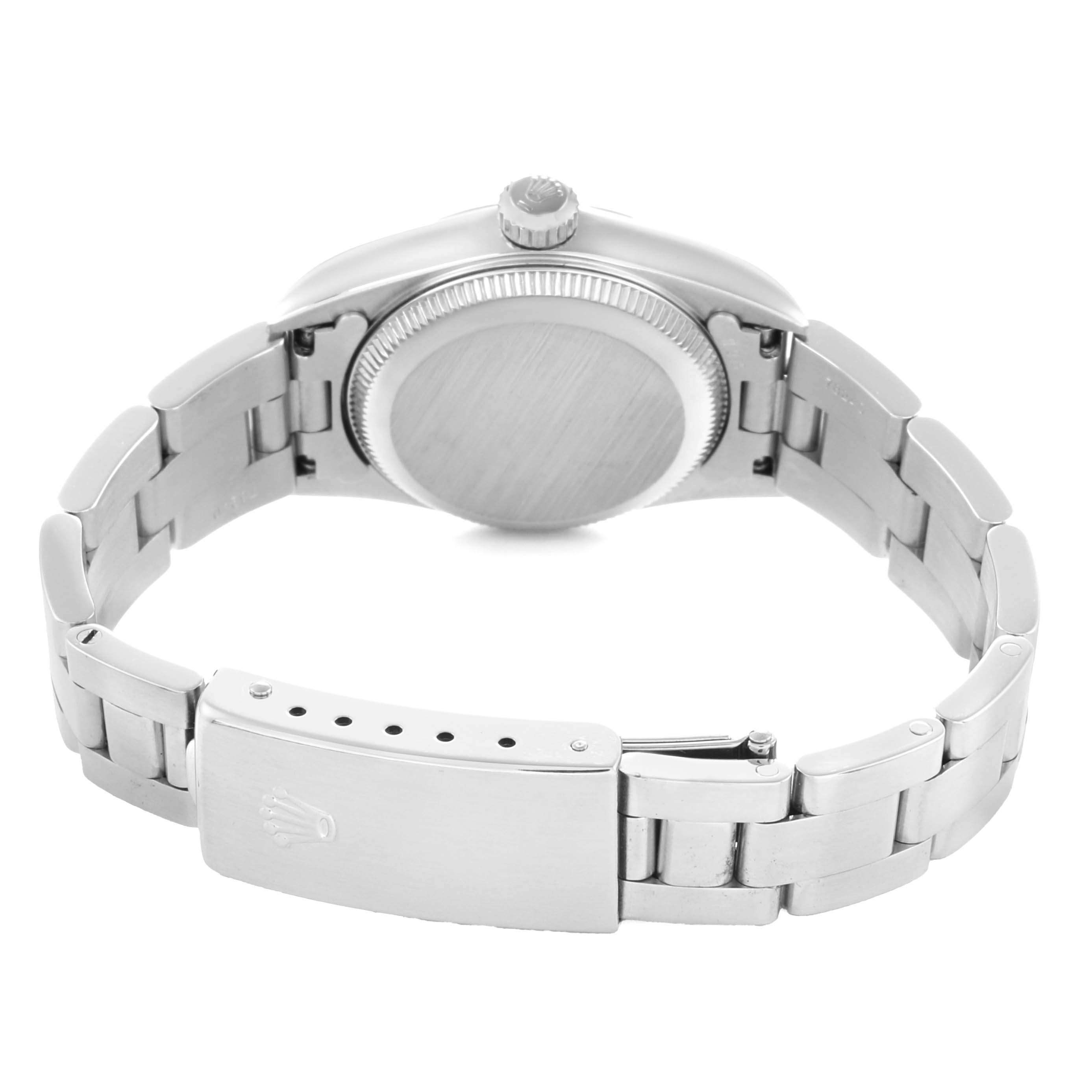 The Rolex Oyster Perpetual 76080 Women
s Stainless Steel Black Dial watch is shown from the back, highlighting the clasp, case back, and crown.