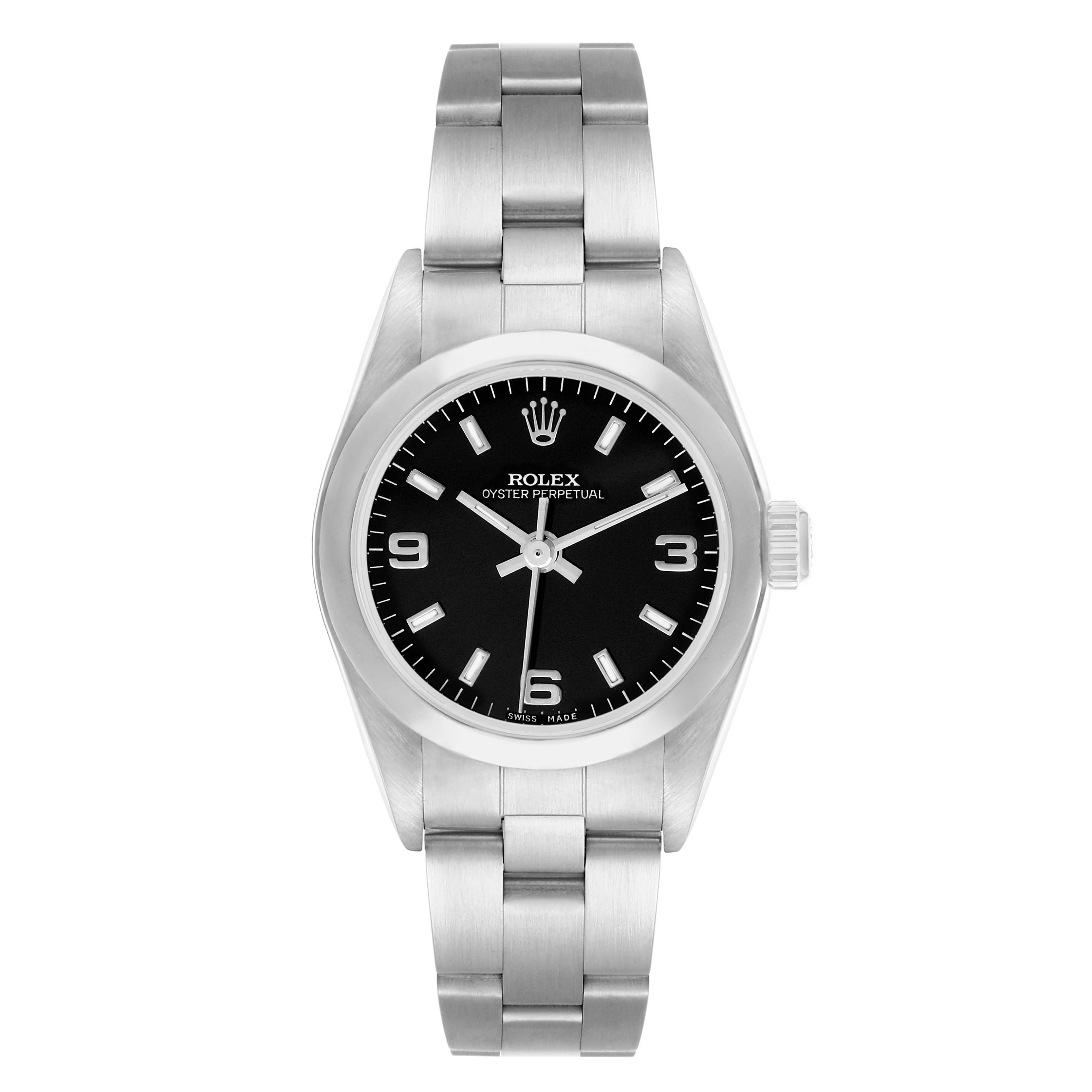 The Rolex Oyster Perpetual 76080 Women
s Stainless Steel Black Dial watch is shown from a front angle, displaying the face, bezel, and bracelet.