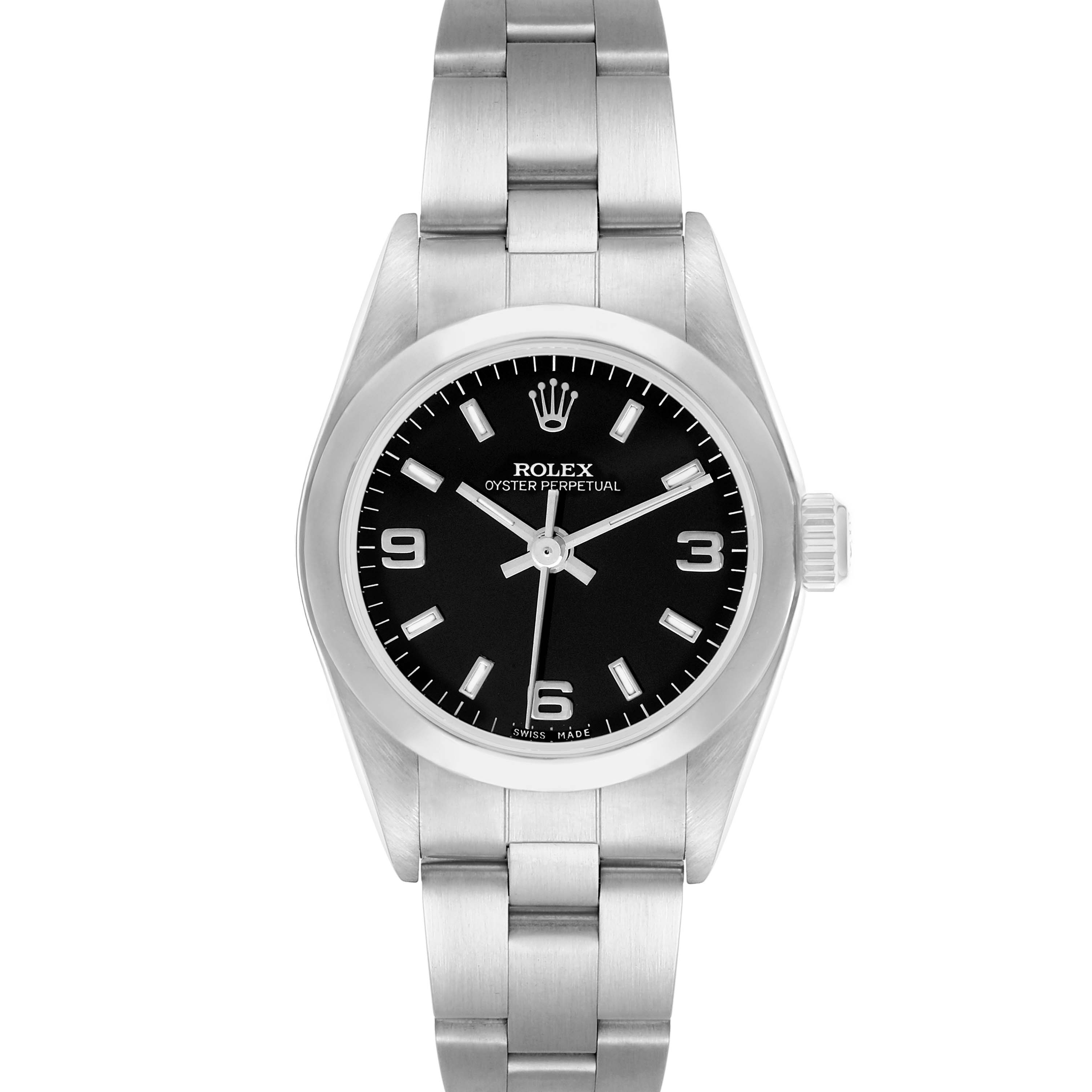 The Rolex Oyster Perpetual 76080 Women
s Stainless Steel Black Dial watch is shown from a front angle, displaying the dial, crown, and stainless steel bracelet.