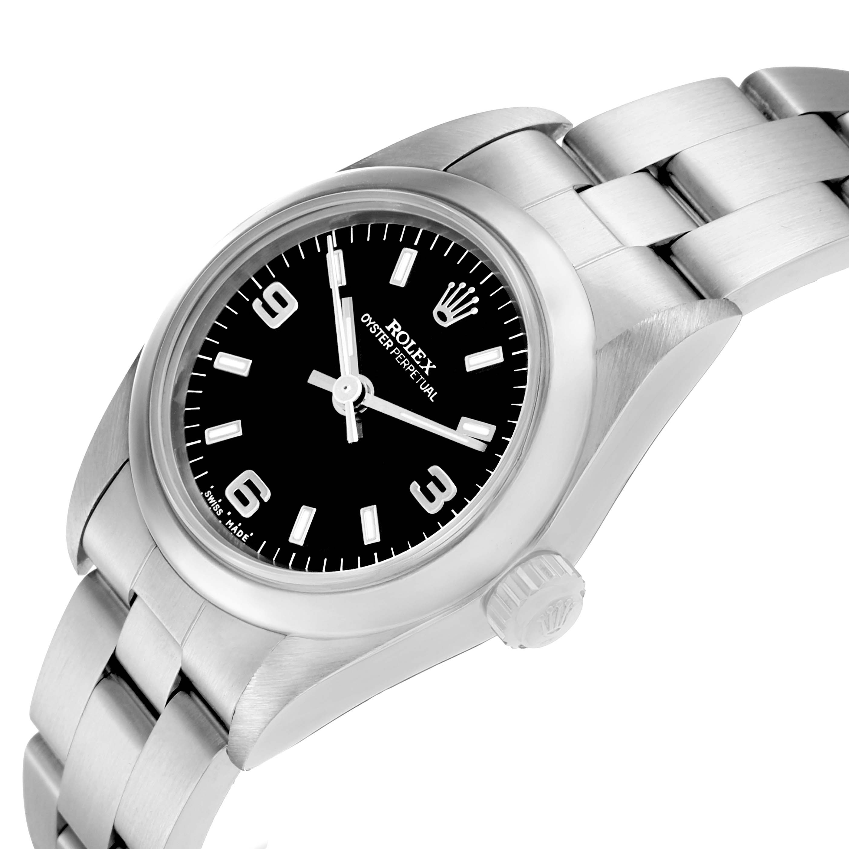 The Rolex Oyster Perpetual 76080 Women
s Stainless Steel Black Dial watch is shown from a slight angle, highlighting the dial, case, crown, and bracelet.