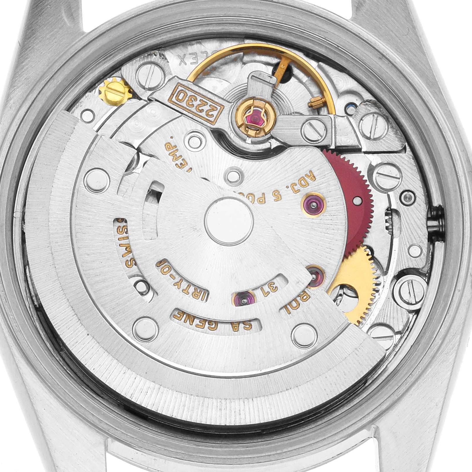 The image shows the back view of the Rolex Oyster Perpetual 76080 Women
s Stainless Steel Black Dial, highlighting its intricate movement mechanism.