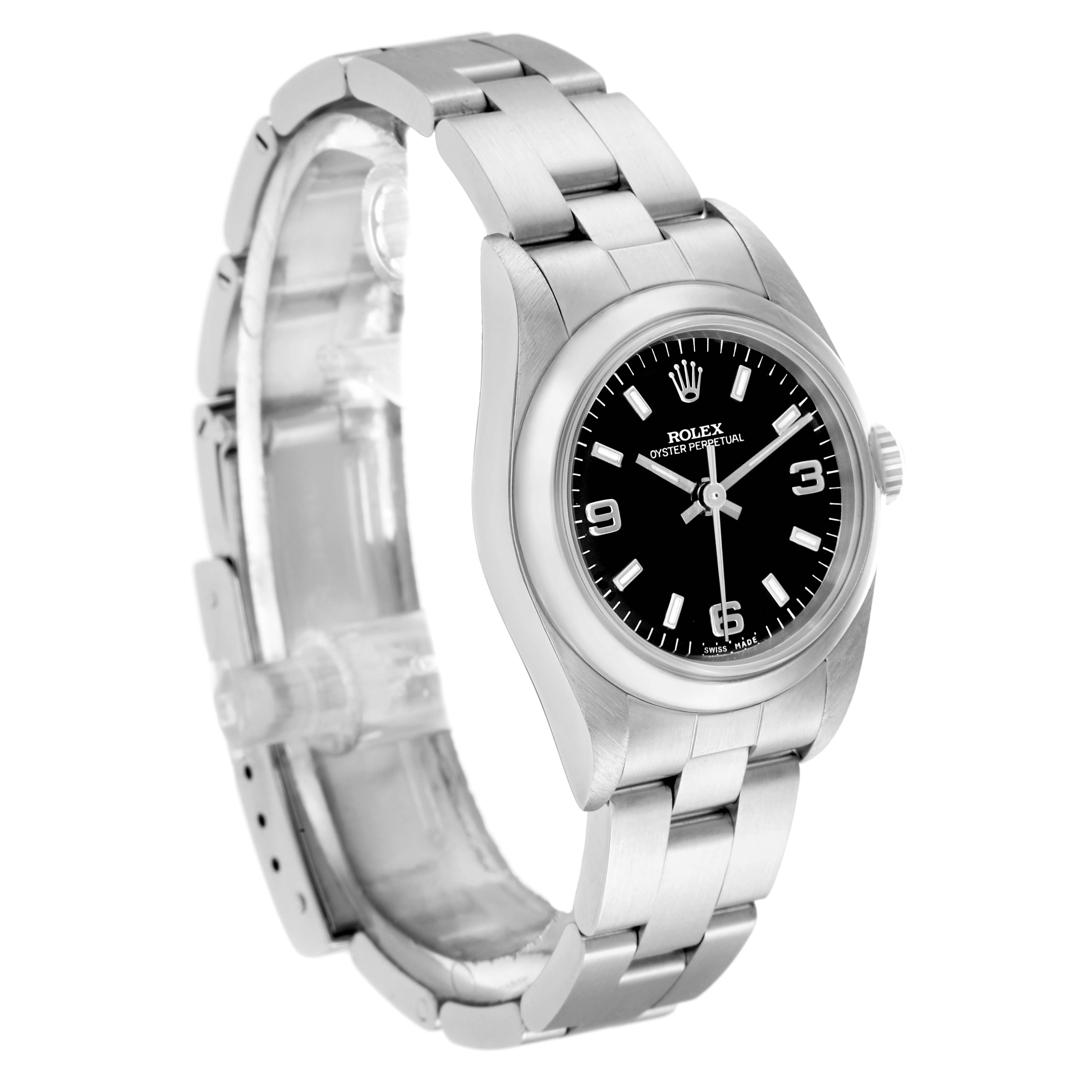 The Rolex Oyster Perpetual 76080 Women
s Stainless Steel Black Dial watch is shown at a slight angle, displaying the face, bezel, bracelet, and crown.