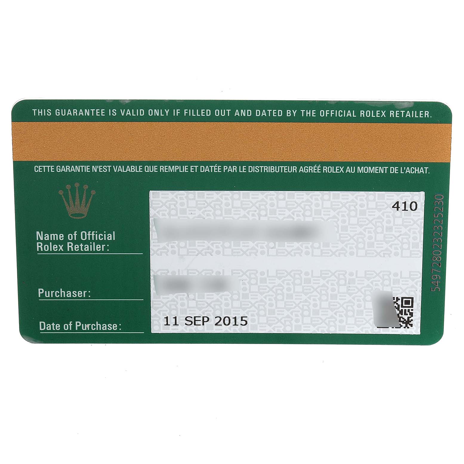 The image shows a guarantee card for a Rolex Oyster Perpetual 176200 Women's Stainless Steel Silver Dial 176200 Women's Stainless Steel Silver Dial watch, including purchase date and retailer information.