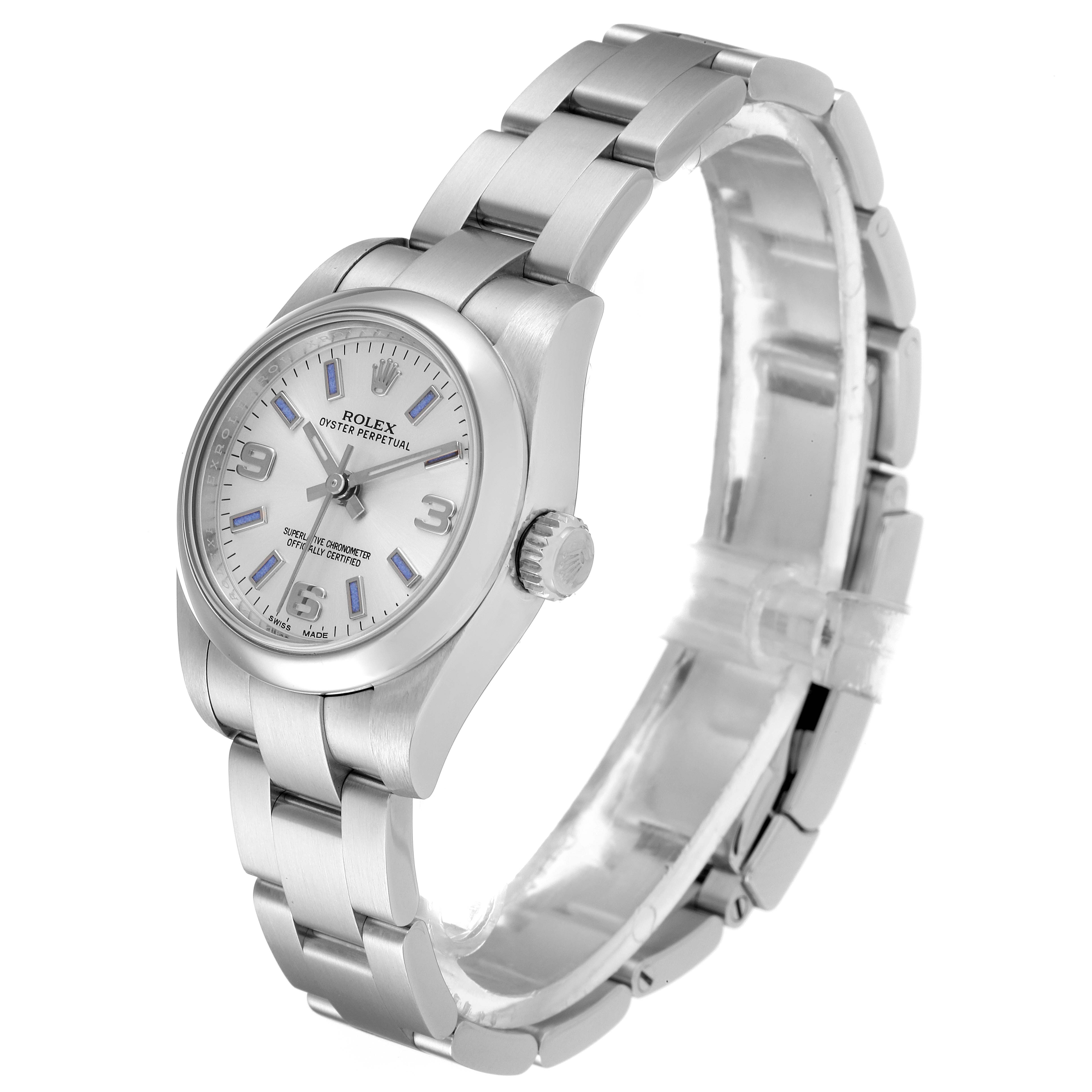 The image shows a Rolex Oyster Perpetual 176200 Women's Stainless Steel Silver Dial 176200 Women's Stainless Steel Silver Dial watch from a three-quarter angle, highlighting the dial, case, crown, and bracelet.