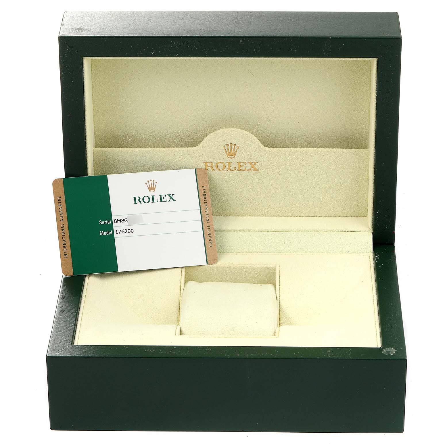 The image shows an empty green Rolex box with an authenticity card for the Oyster Perpetual model 176200.
