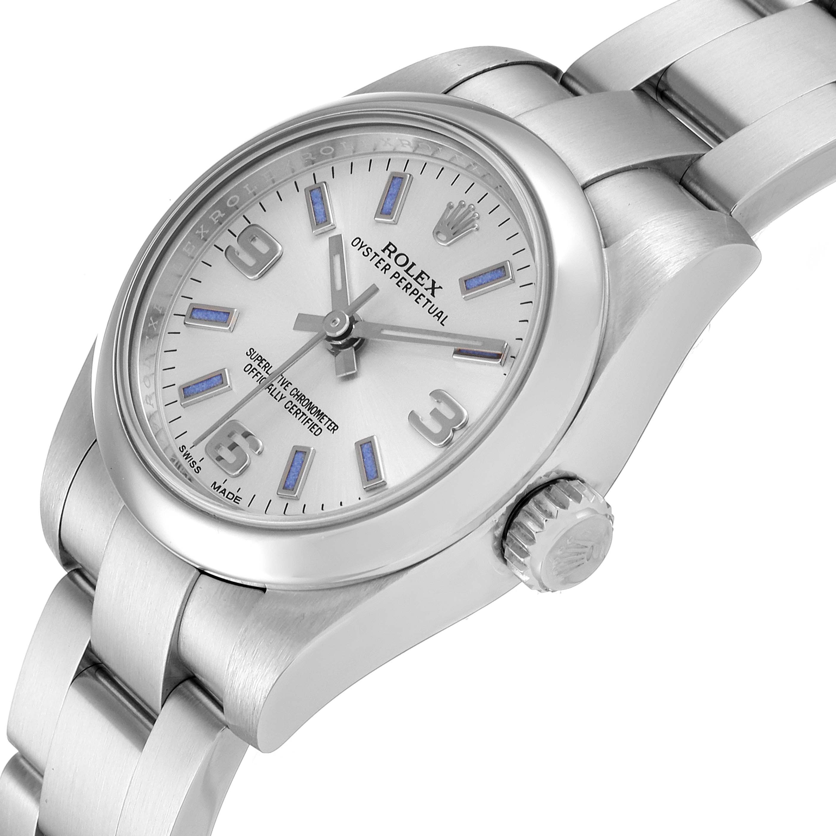 The Rolex Oyster Perpetual 176200 Women's Stainless Steel Silver Dial 176200 Women's Stainless Steel Silver Dial watch is shown at a slight angle, displaying its face, bezel, and bracelet clearly.