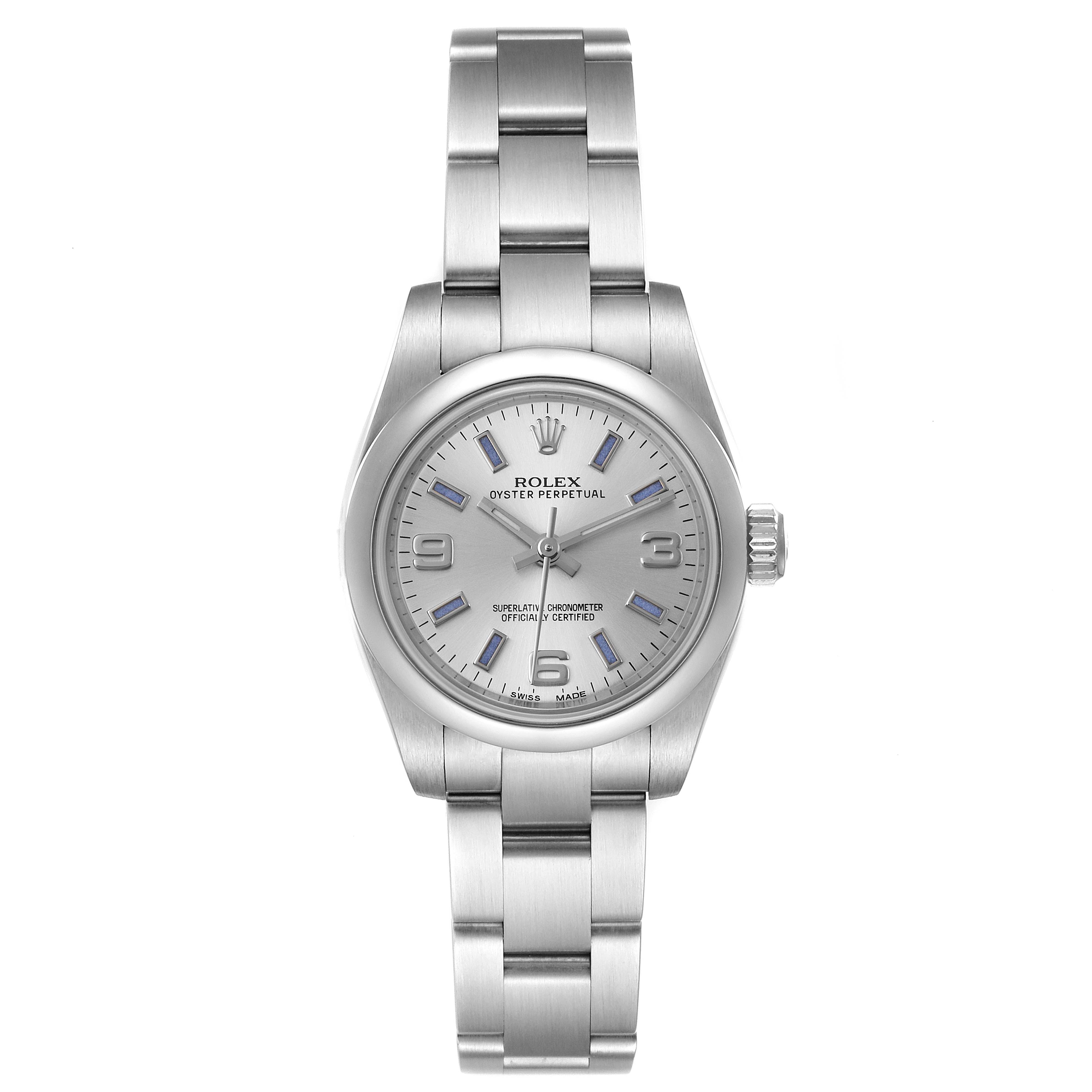 The image shows a front view of a Rolex Oyster Perpetual 176200 Women's Stainless Steel Silver Dial 176200 Women's Stainless Steel Silver Dial watch, displaying the face, crown, and full bracelet.