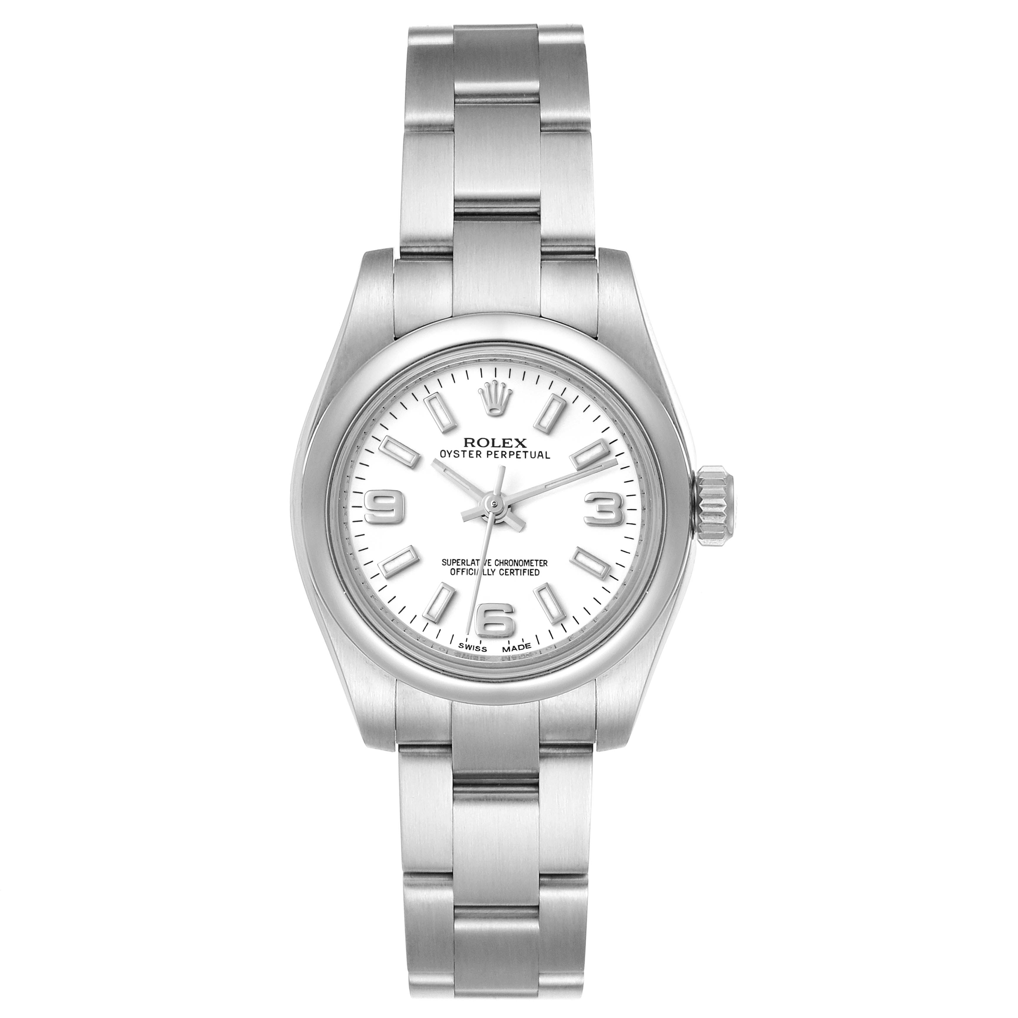 The image shows a front view of a Rolex Oyster Perpetual 176200 Women's Stainless Steel White Dial 176200 Women's Stainless Steel White Dial watch, displaying its face and metal bracelet.