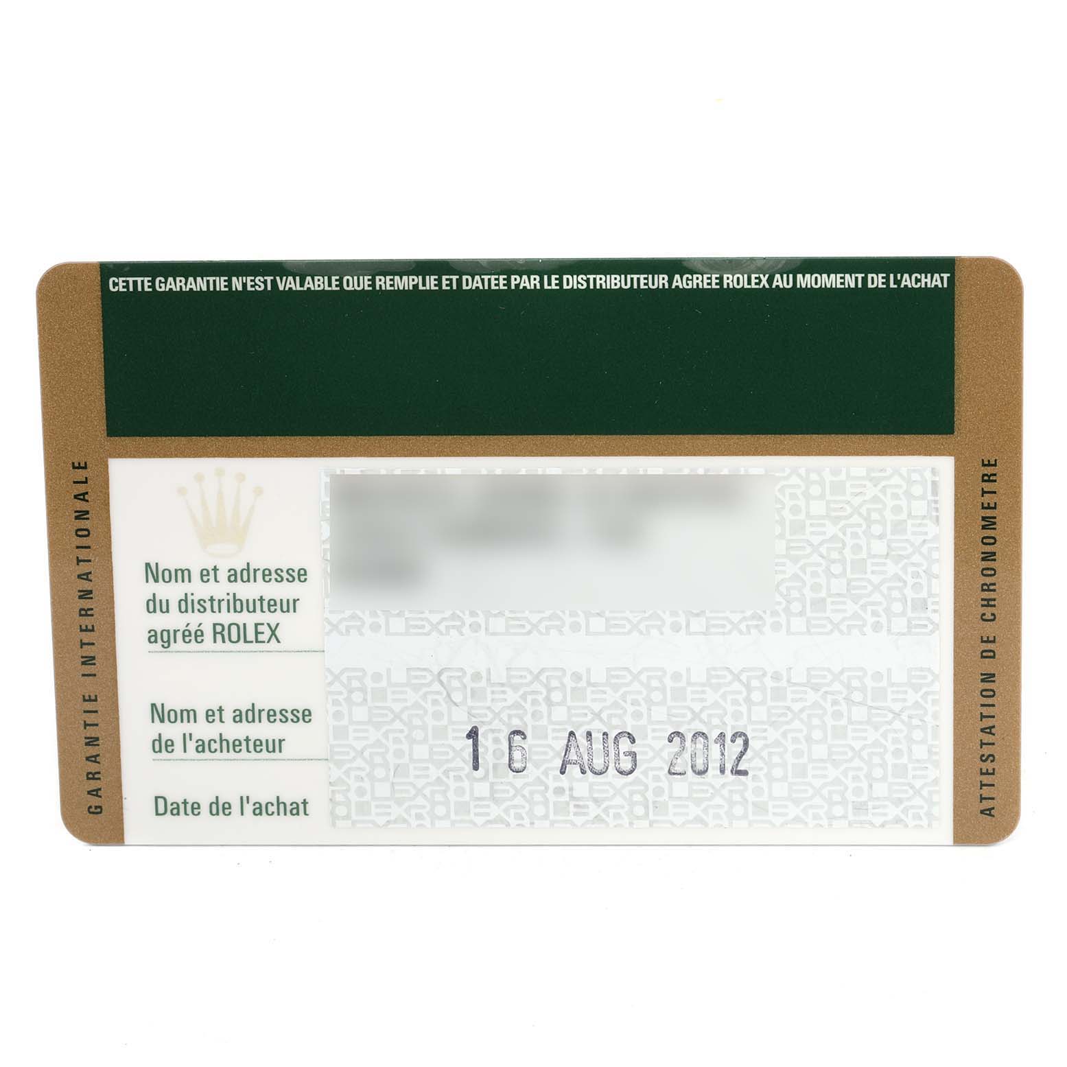 This image shows a warranty card for a Rolex Oyster Perpetual 176200 Women's Stainless Steel White Dial 176200 Women's Stainless Steel White Dial watch, displaying purchase details and dealer information.