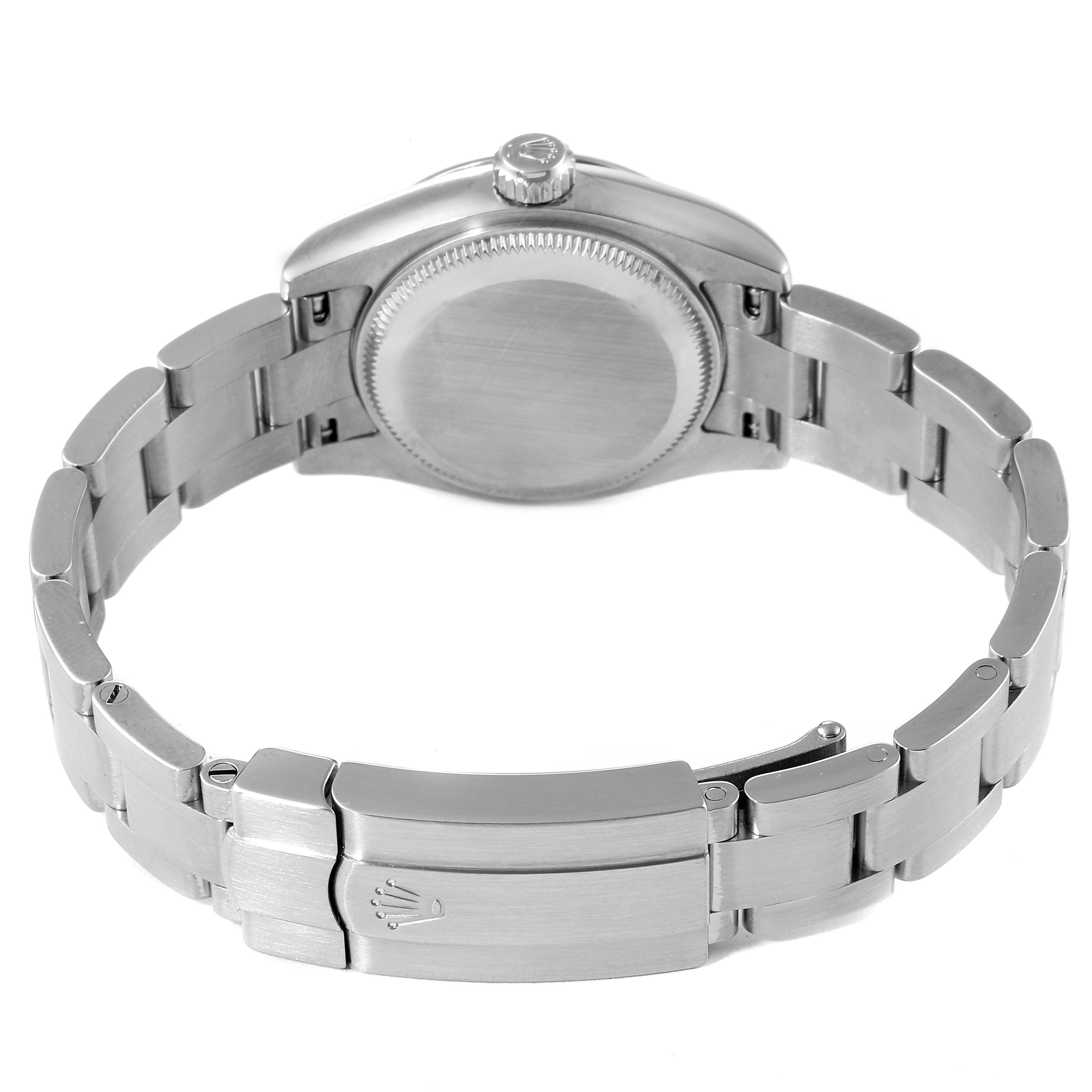 The image shows the back view of the Rolex Oyster Perpetual 176200 Women's Stainless Steel White Dial 176200 Women's Stainless Steel White Dial watch, focusing on the case back, bracelet, and clasp.