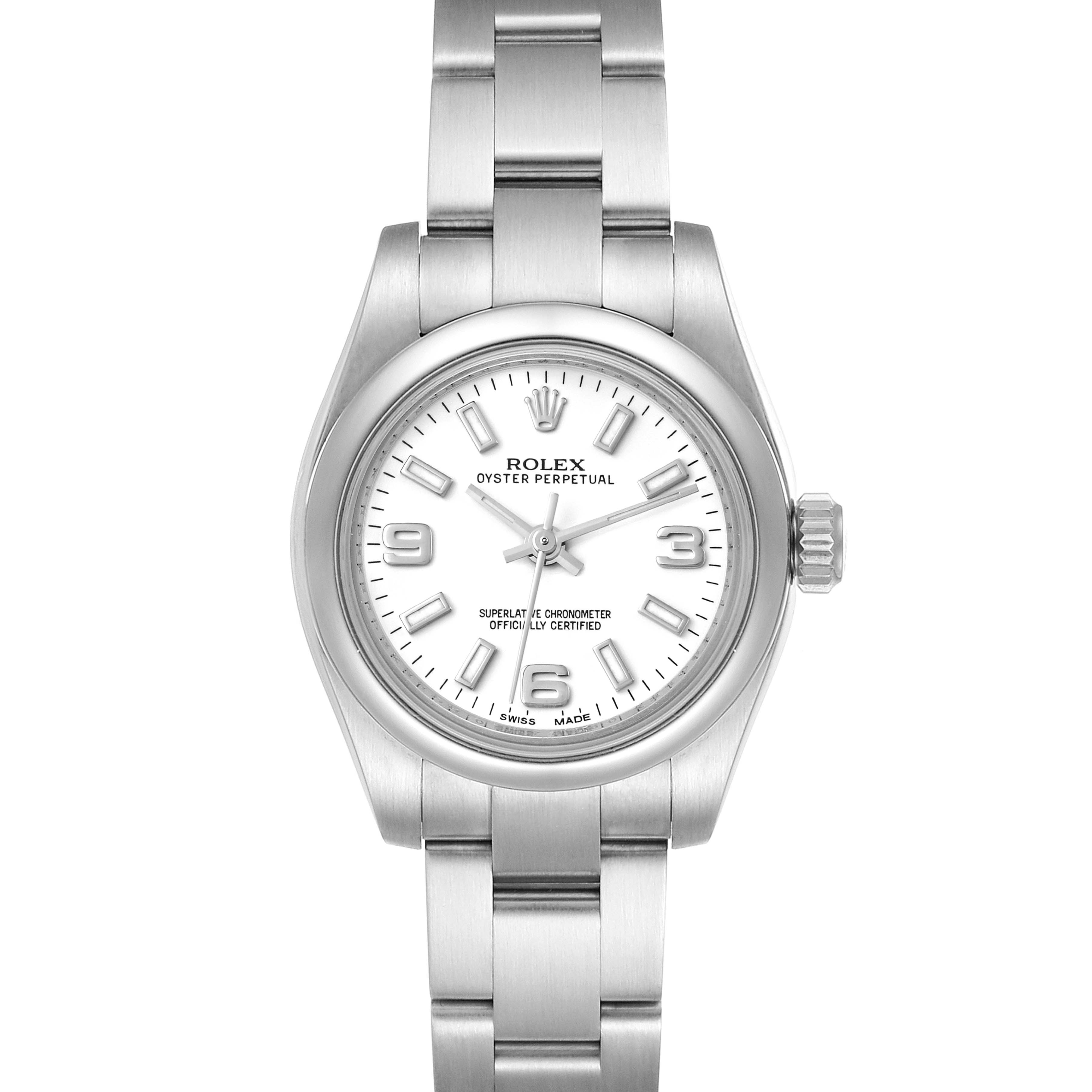 The image shows a front view of the Rolex Oyster Perpetual 176200 Women's Stainless Steel White Dial 176200 Women's Stainless Steel White Dial watch, highlighting its dial, bezel, and bracelet.