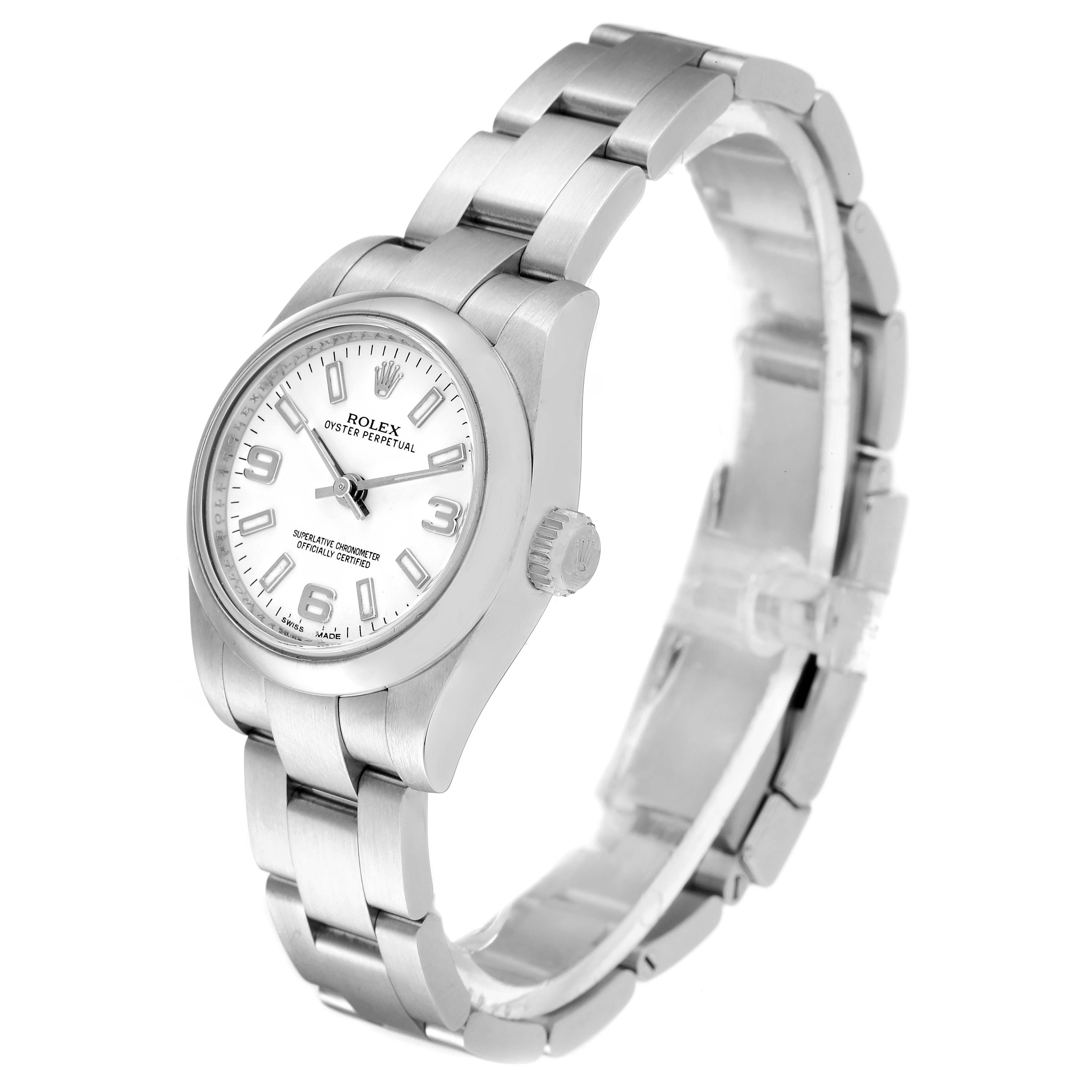 The image shows a side angle of a Rolex Oyster Perpetual 176200 Women's Stainless Steel White Dial 176200 Women's Stainless Steel White Dial watch, depicting the watch face, band, and crown.
