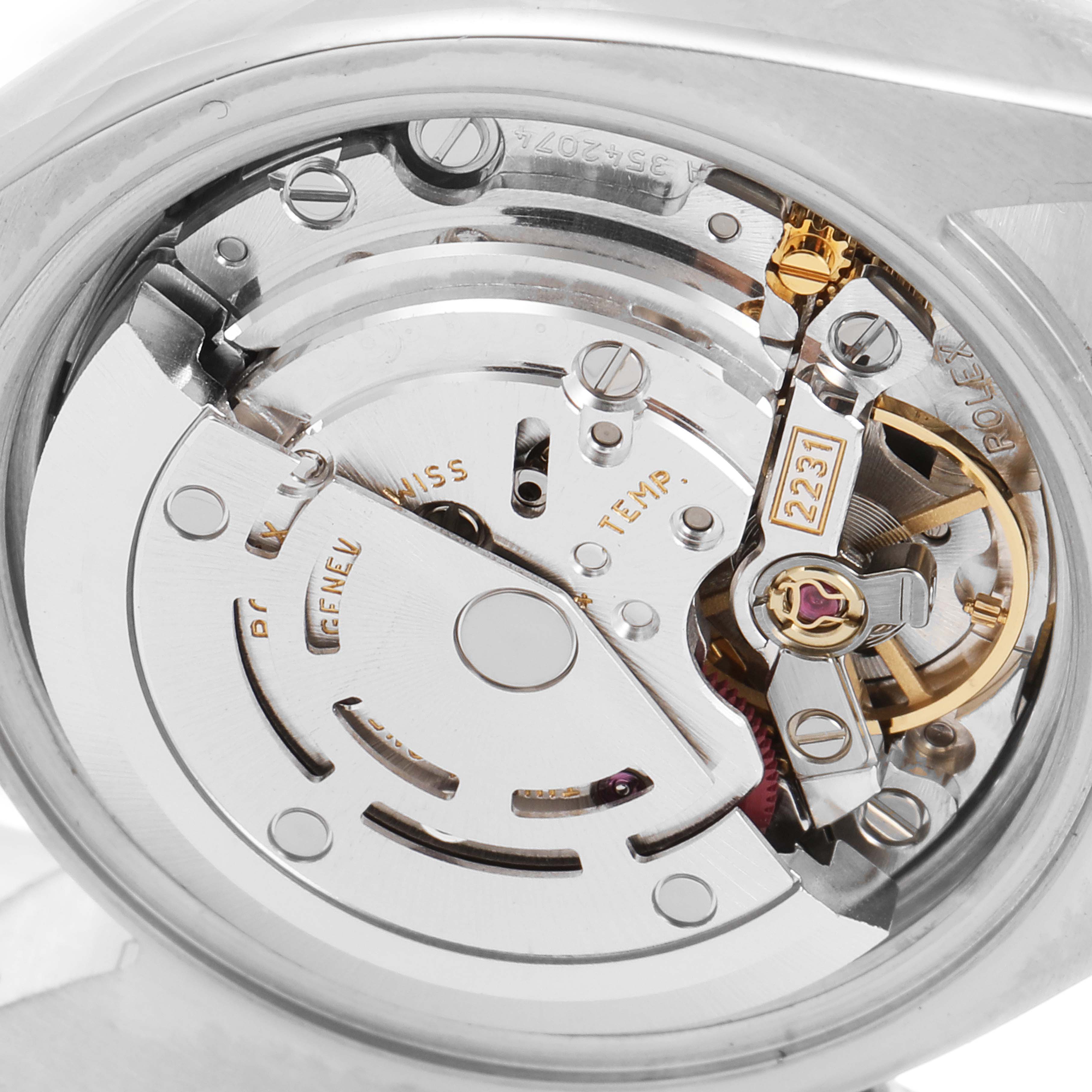 This image shows the internal mechanism and movement of the Rolex Oyster Perpetual 176200 Women's Stainless Steel White Dial 176200 Women's Stainless Steel White Dial watch from a close-up angle.