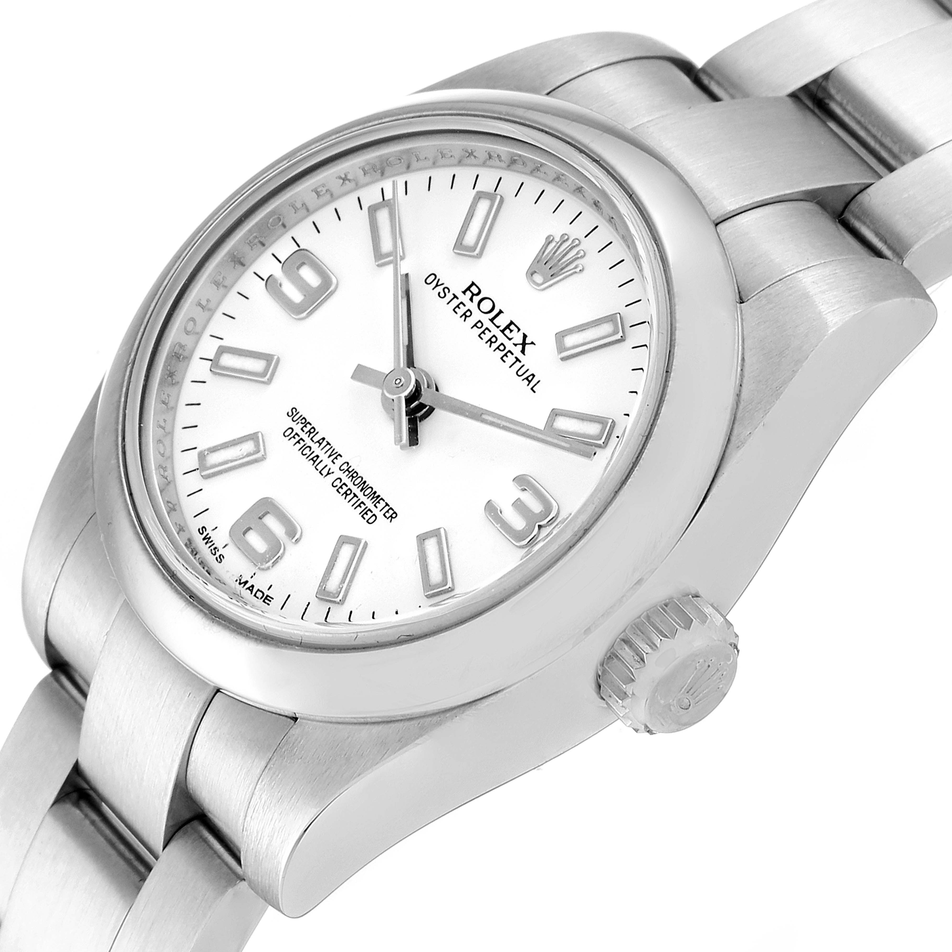 This image shows a Rolex Oyster Perpetual 176200 Women's Stainless Steel White Dial 176200 Women's Stainless Steel White Dial watch from an angled side view, highlighting the face, bezel, crown, and part of the bracelet.