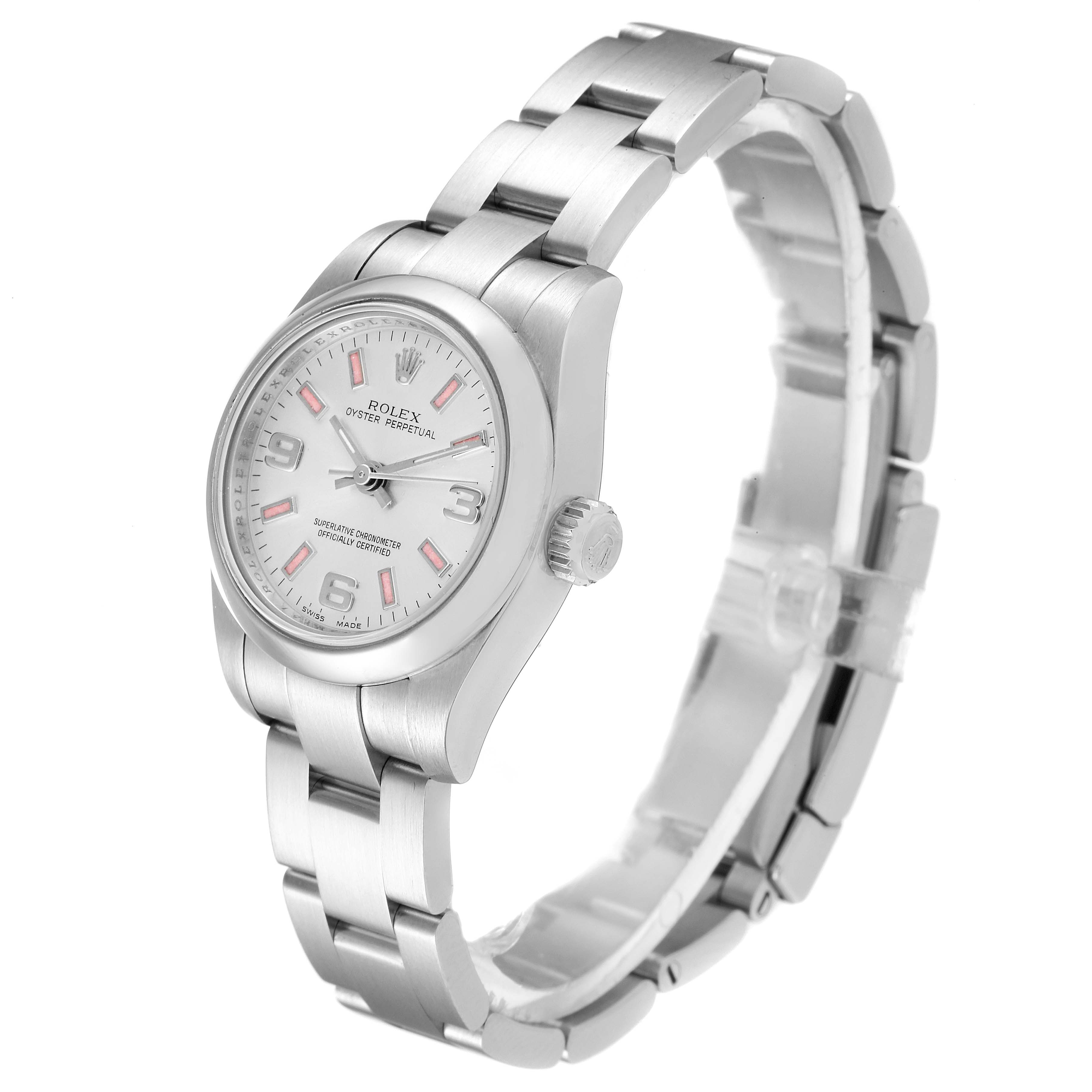 This image shows a Rolex Oyster Perpetual 176200 Women's Stainless Steel Silver Dial 176200 Women's Stainless Steel Silver Dial watch from a side angle, displaying the bracelet, dial, and crown.